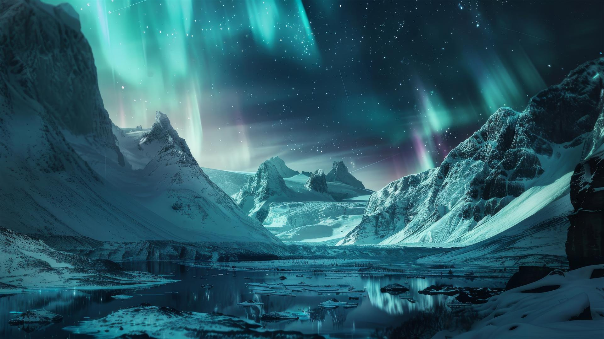 Nordic night scene with aurora, Santa Claus village, reindeer, sled dogs, snowfall