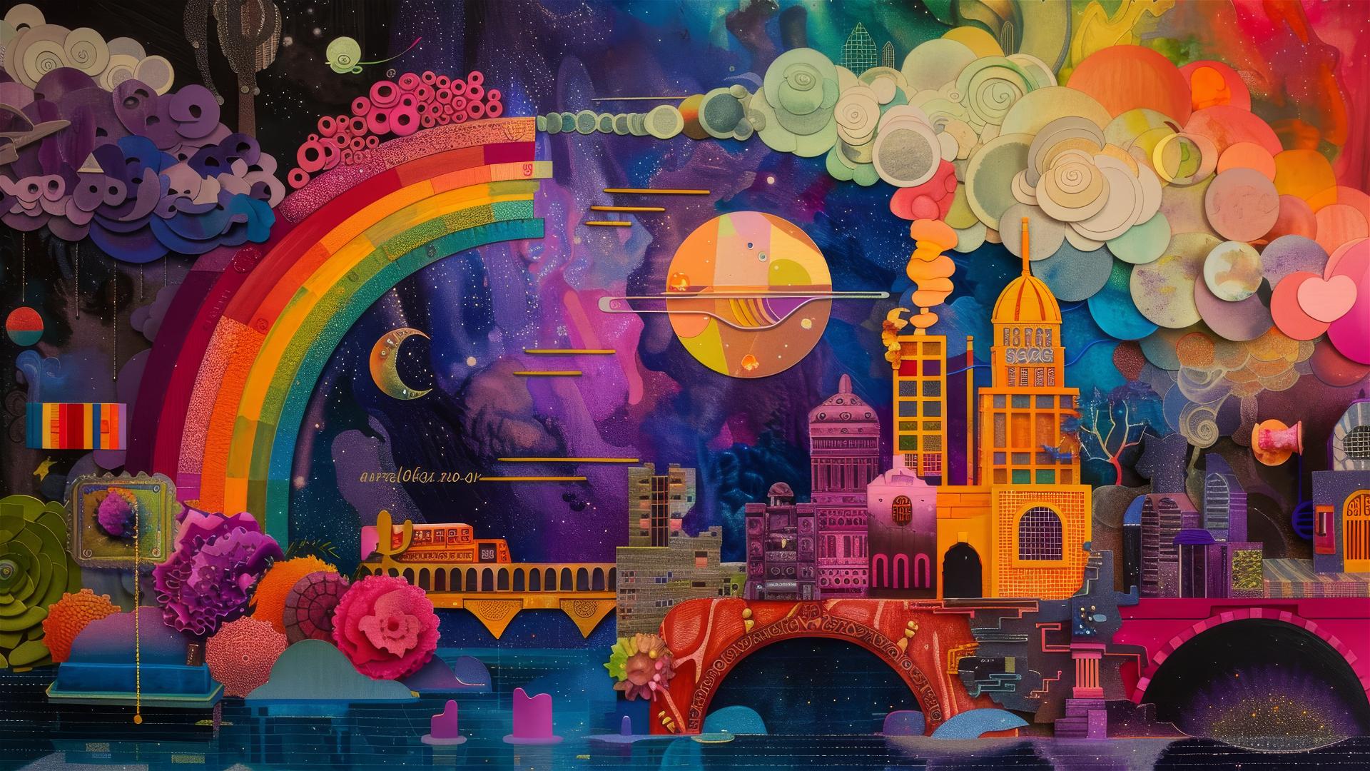 Steampunk collage with purple rainbow and sculpture