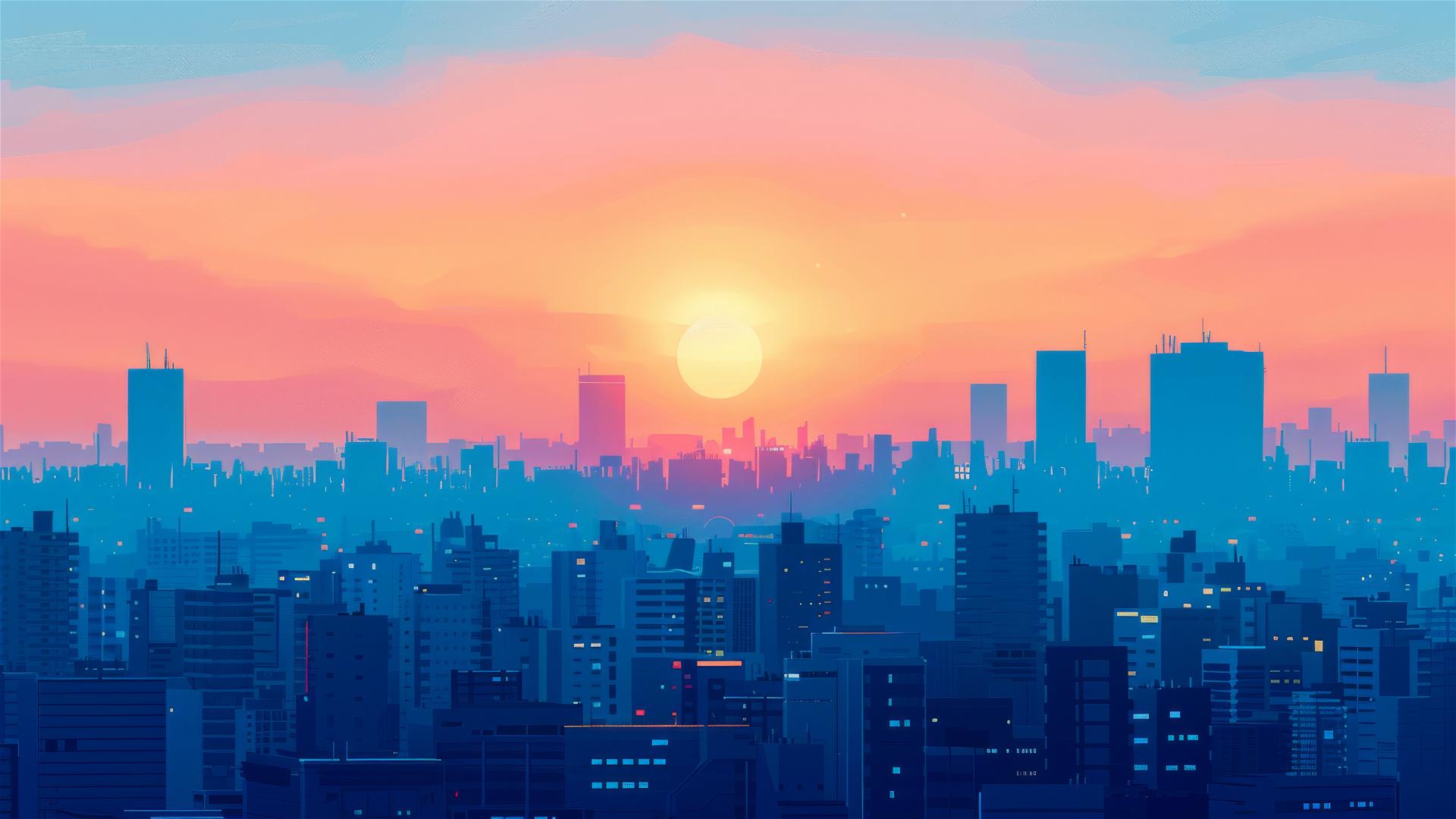 Minimalist cityscape at sunrise with blue and orange tones