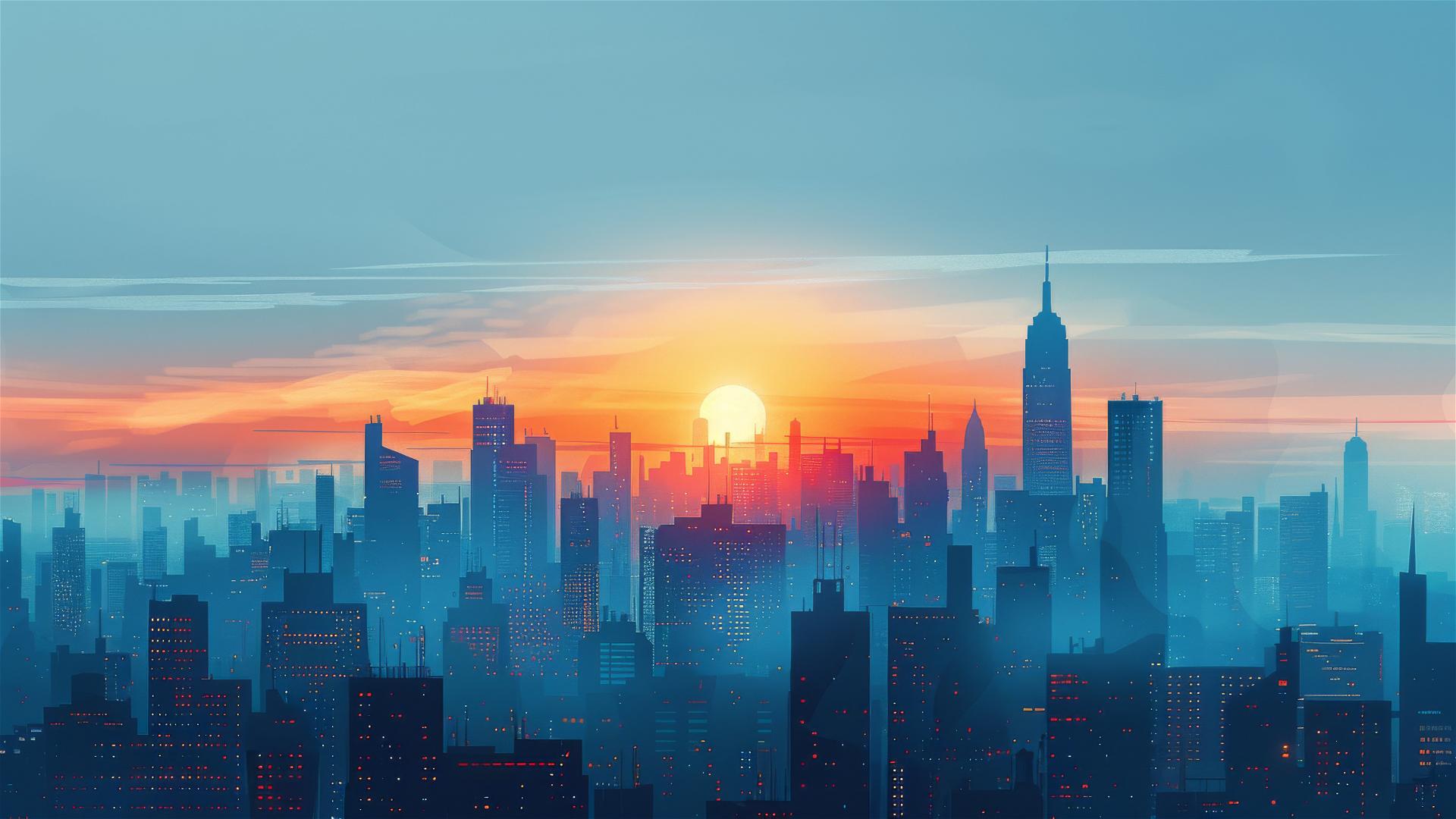 Simple geometric cityscape artwork with blue and orange at sunrise
