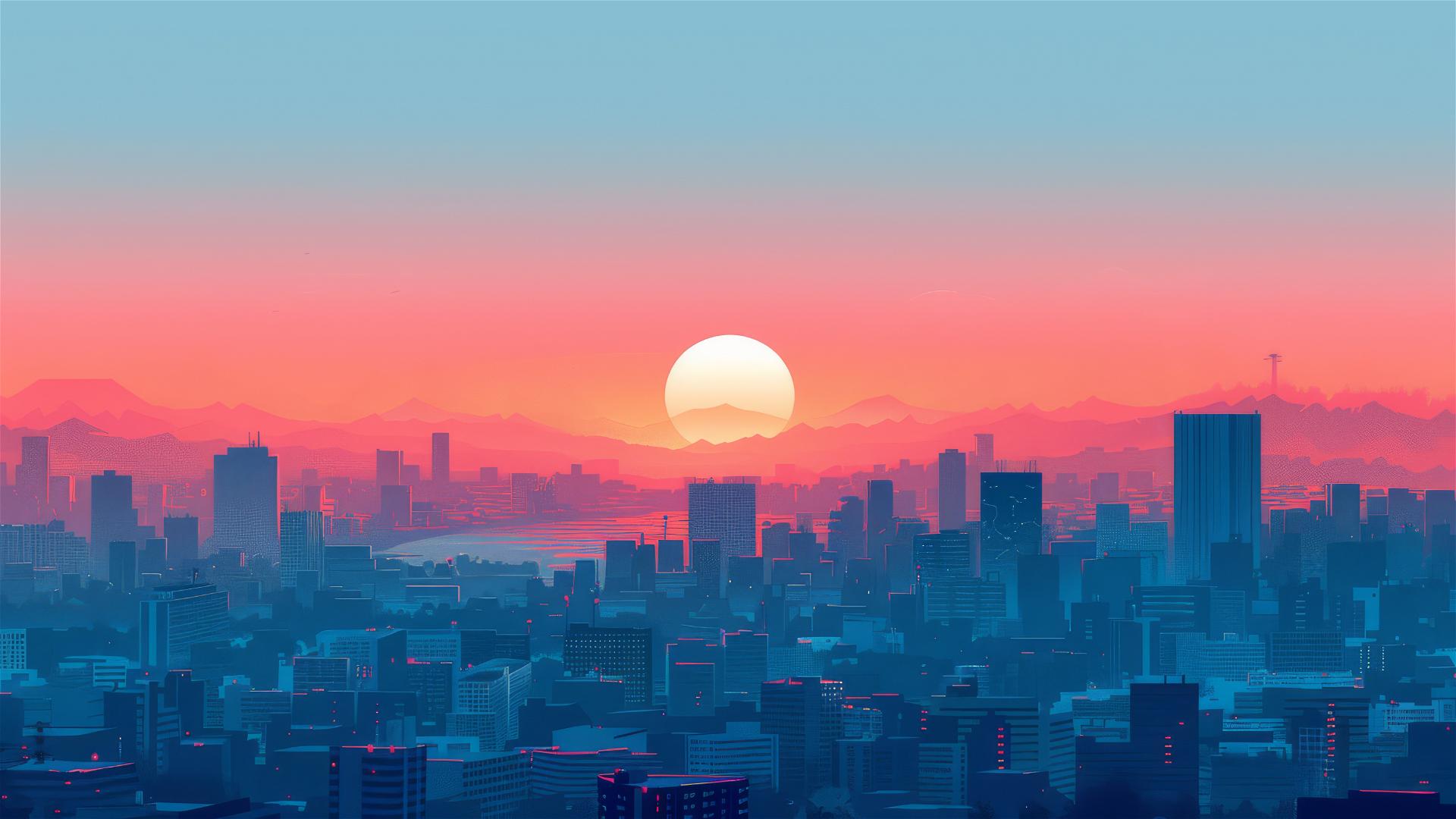 Minimalist cityscape at sunrise with blue and orange tones