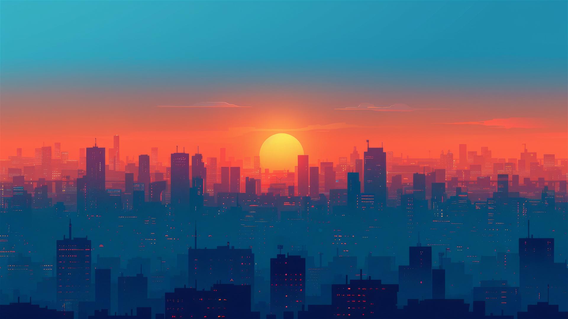 Minimalist cityscape at sunrise with blue and orange hues