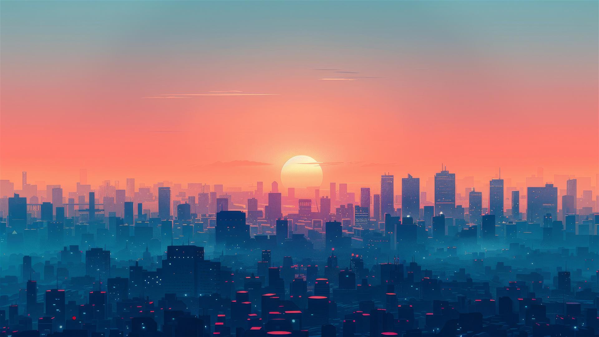 Minimalist cityscape at sunrise with geometric shapes and shades of blue and orange.
