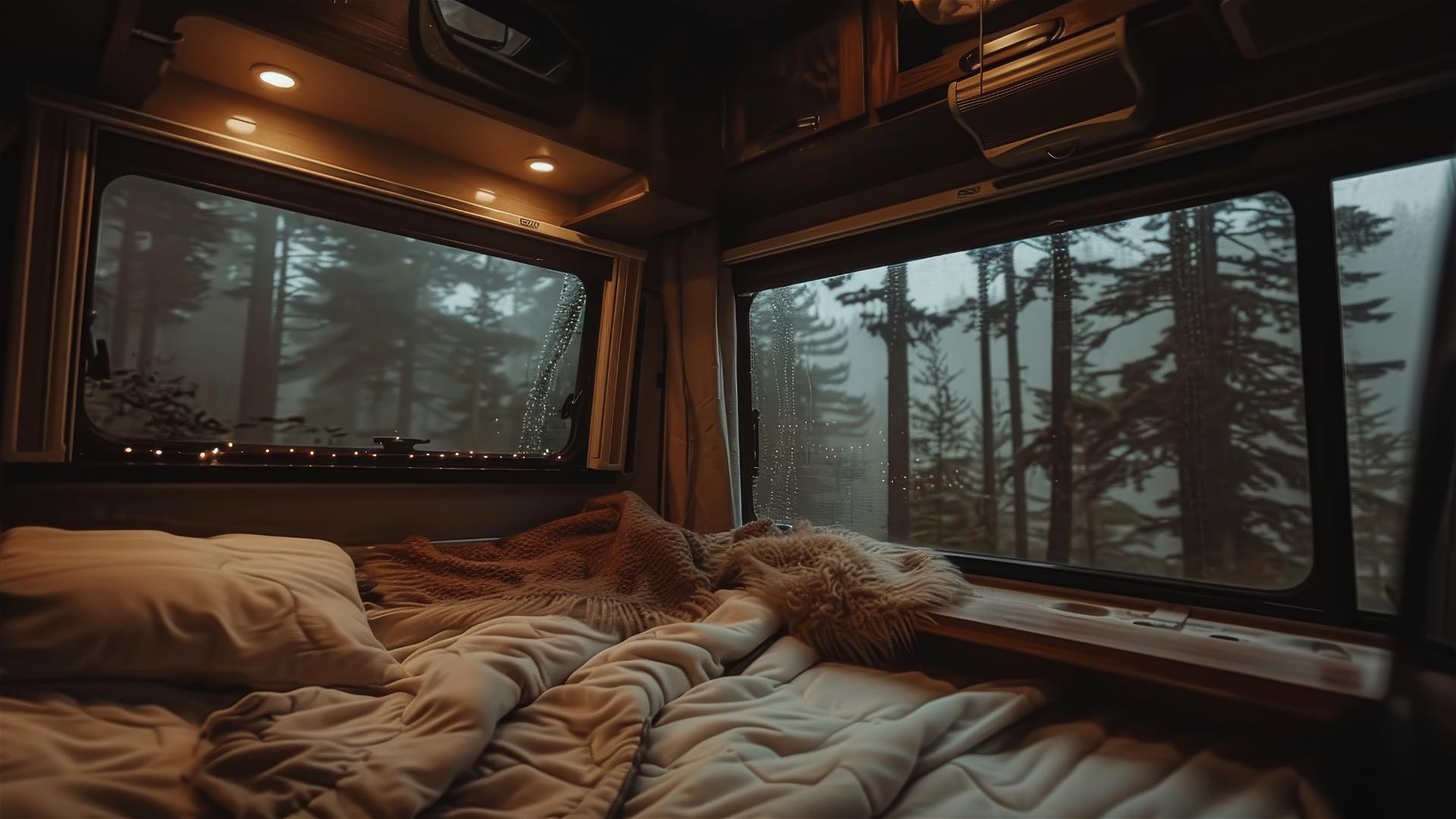 Cozy RV interior on a rainy day