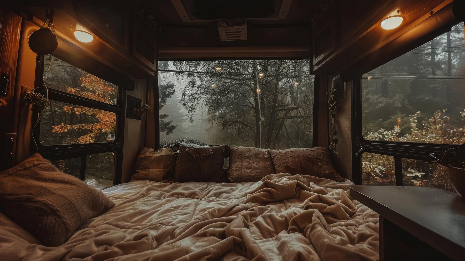 cozy RV interior on a rainy day