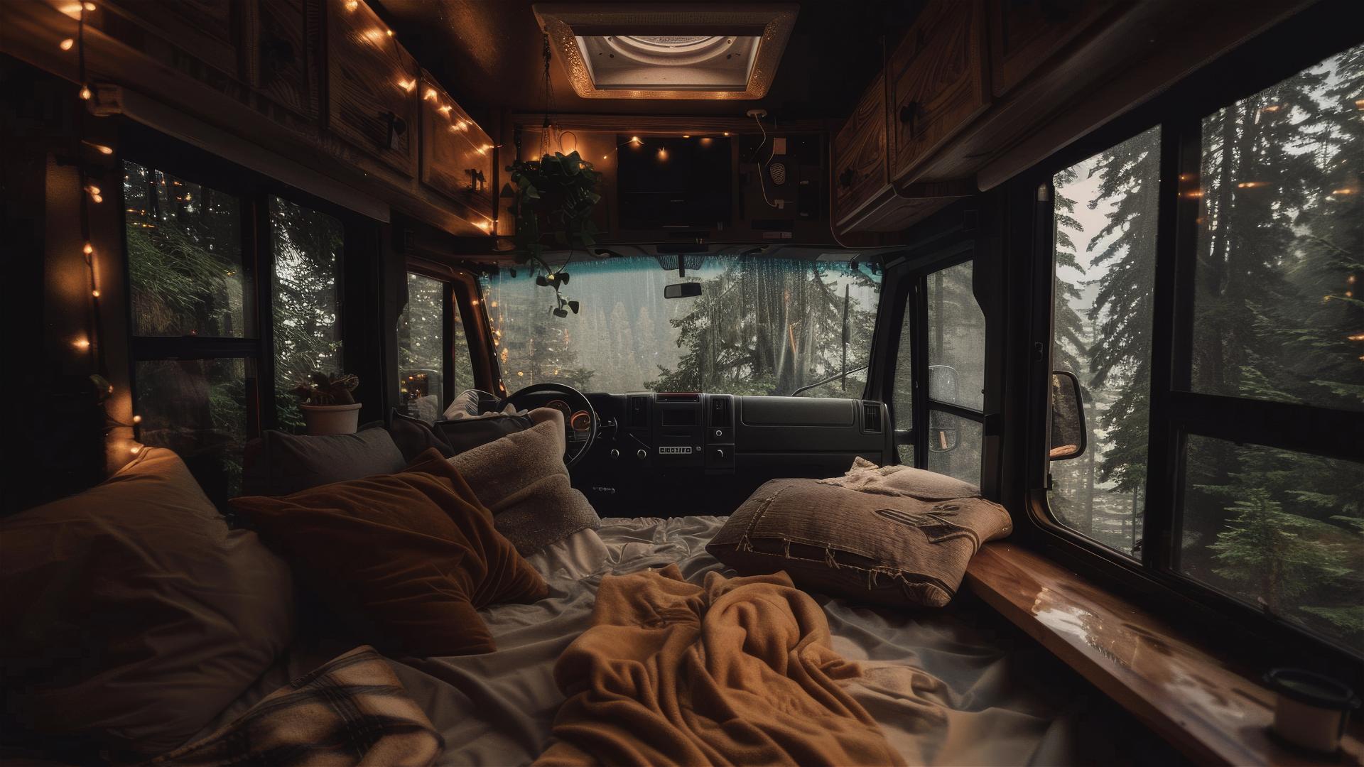 Cozy RV interior with rain outside