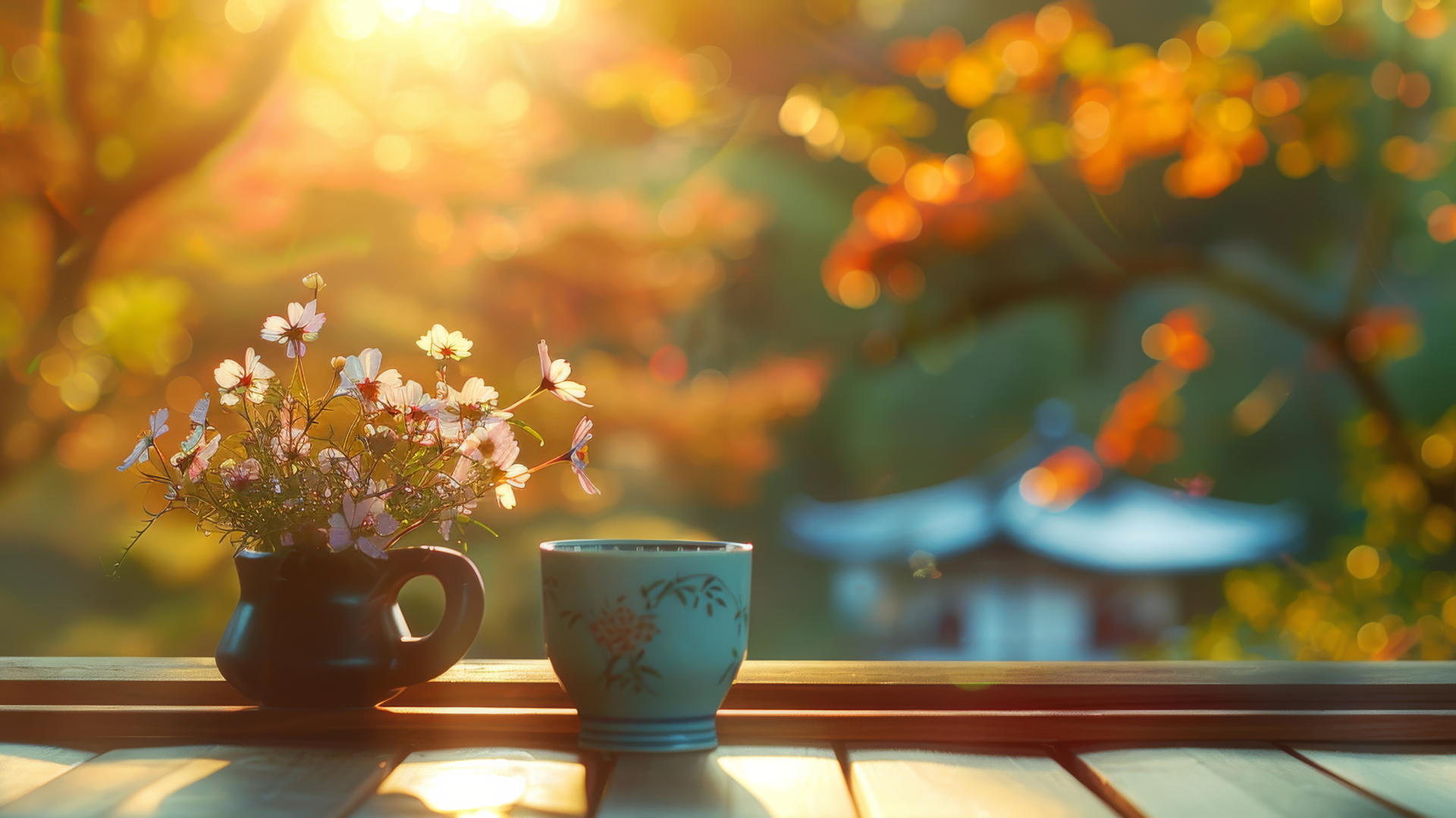 Cup of coffee and flower pot on a table in a Zen garden at sunrise