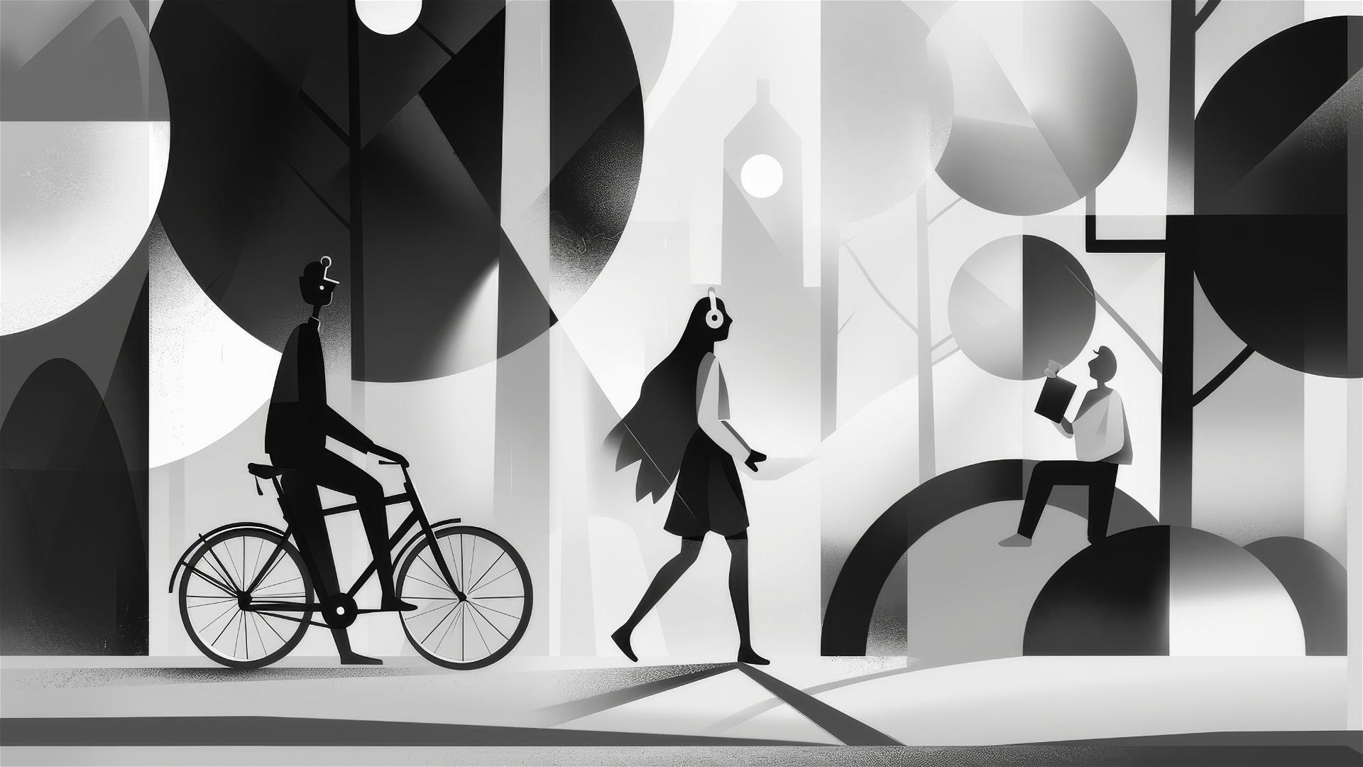 Geometric abstract art with silhouetted figures doing various activities