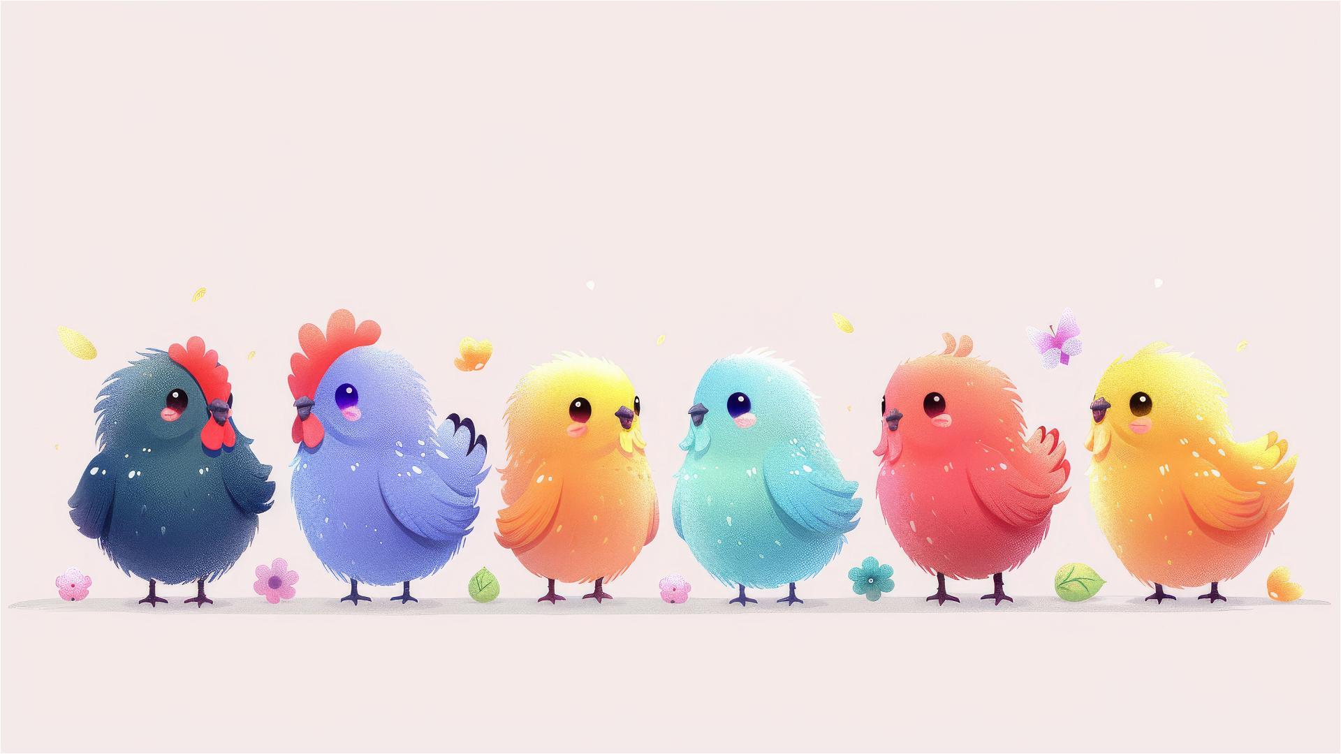 Pastel-colored kawaii doodle icons with chickens, flowers, and seeds