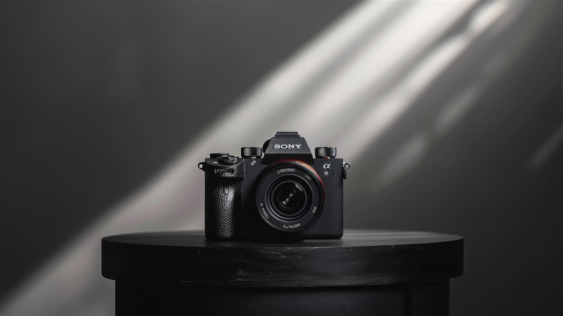 Sony Alpha camera on a black and white round table under studio lights
