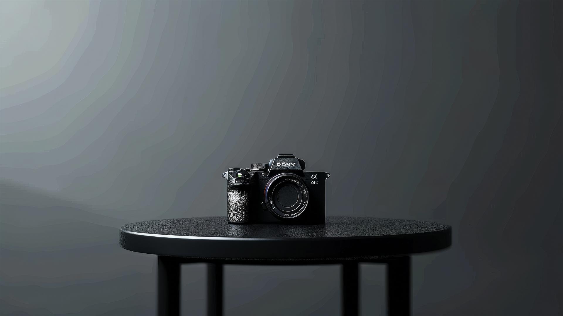 Sony Alpha camera on a round table under studio lights