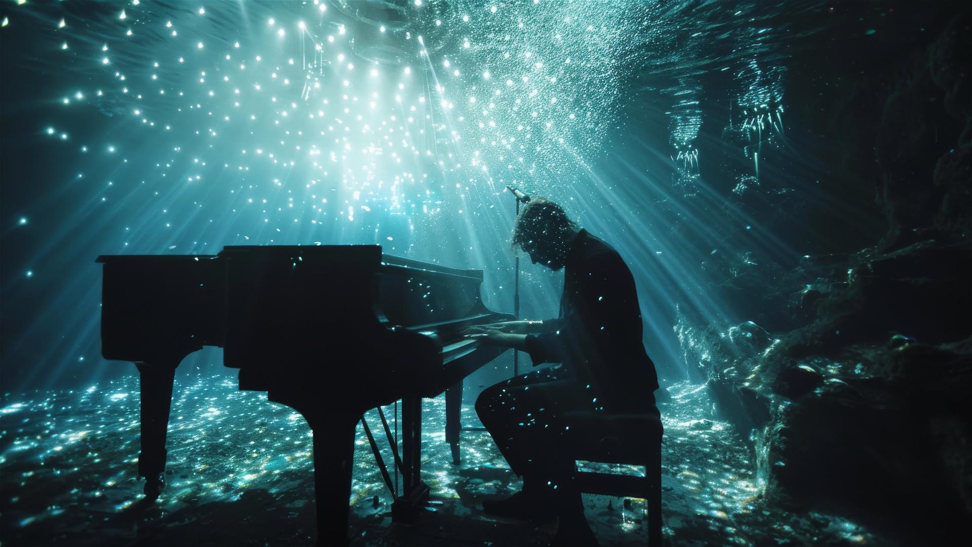 Thom Yorke playing a piano underwater with refracted lights