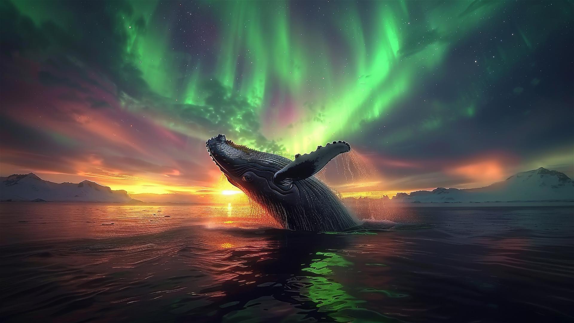 A humpback whale breaching under vibrant aurora borealis.