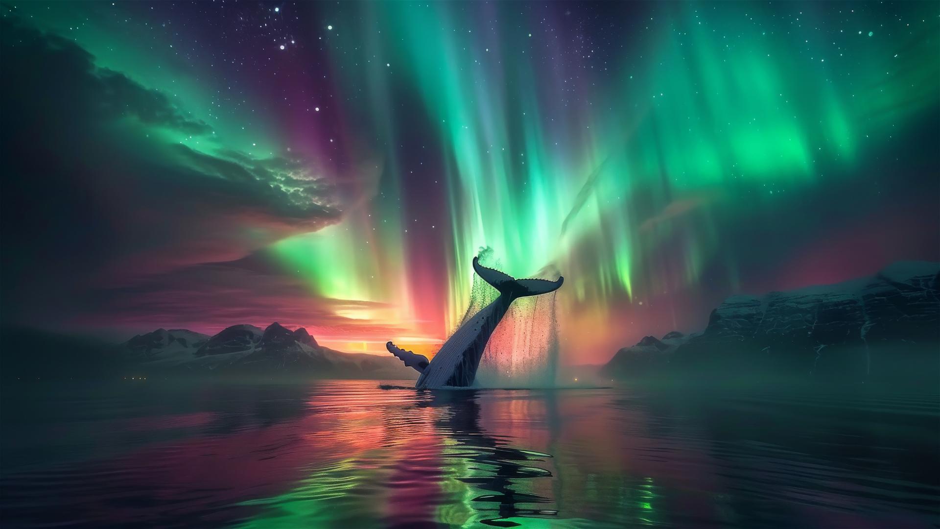 Humpback whale breaching ocean under aurora borealis