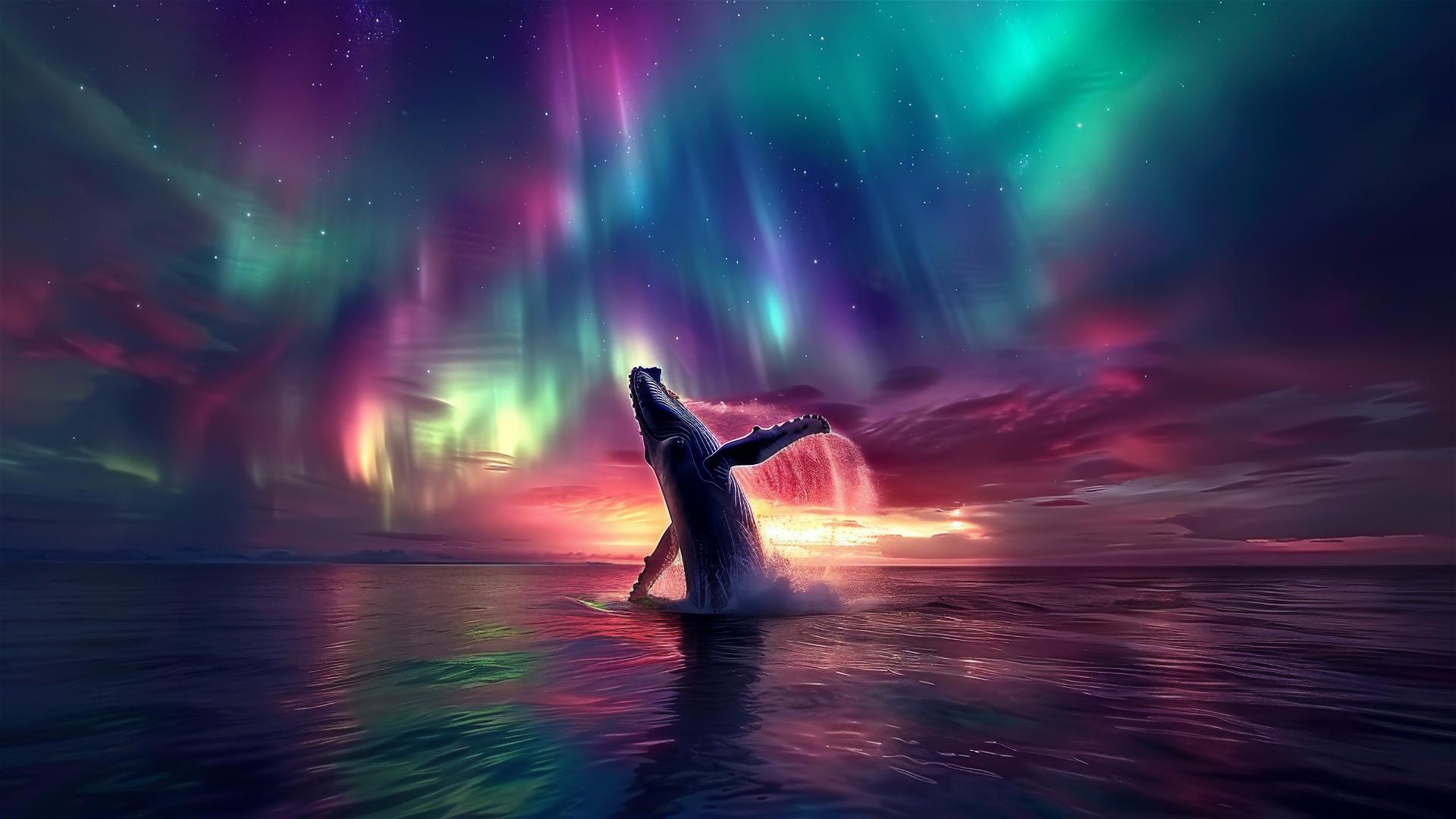Humpback whale breaching under aurora borealis