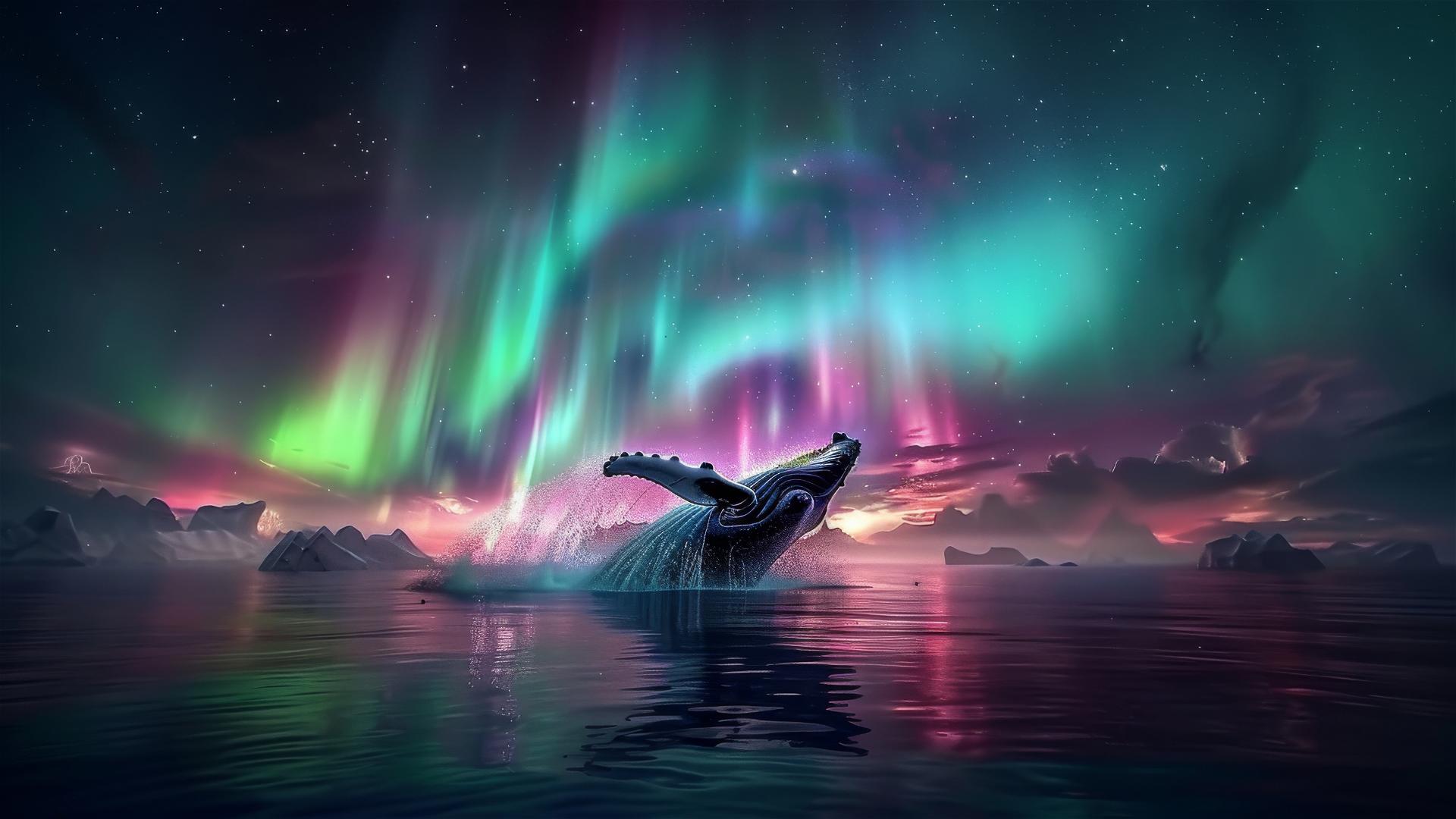 Humpback whale breaching under aurora borealis at night