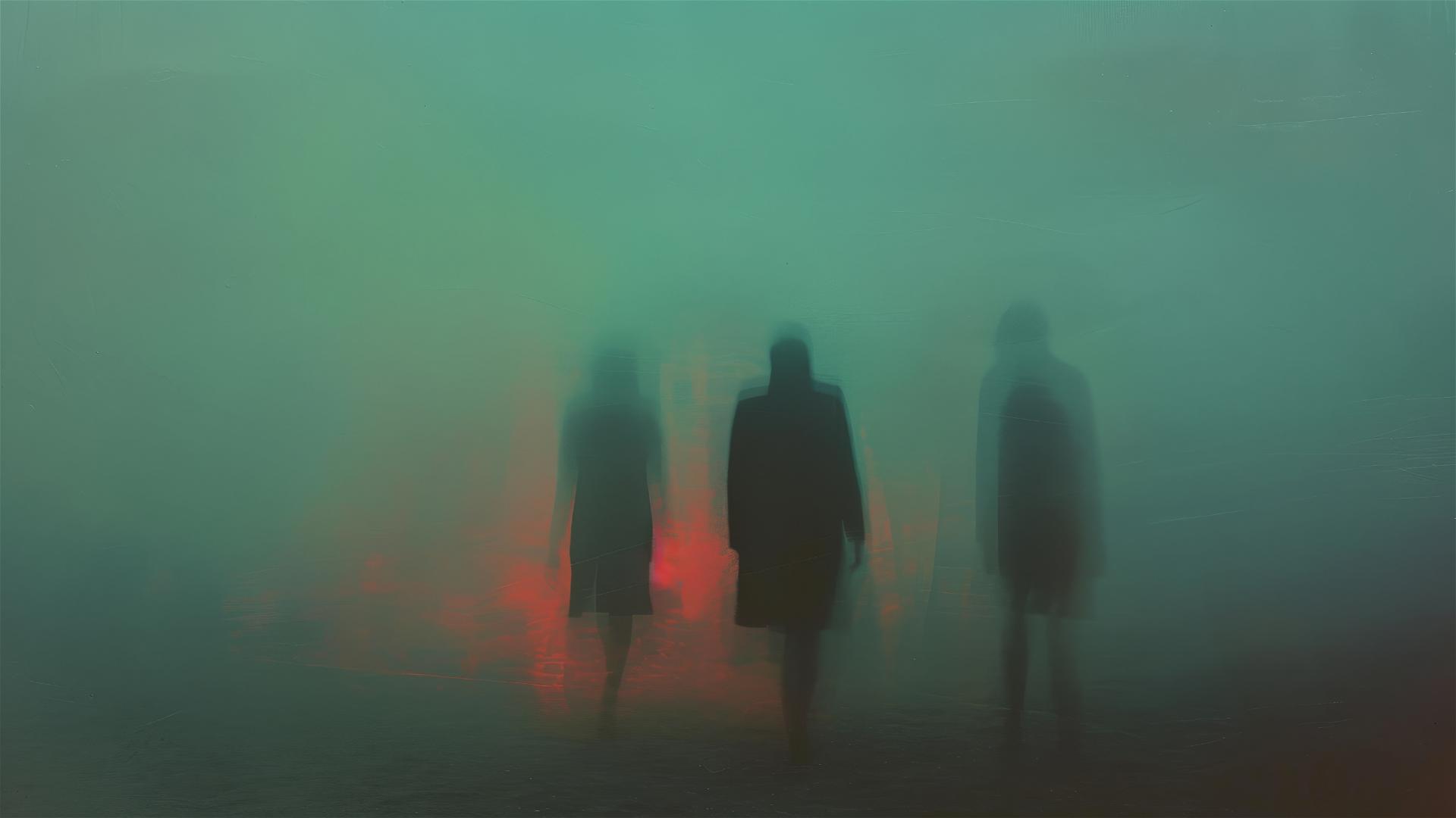 Ethereal figures with neon shadows in soft focus