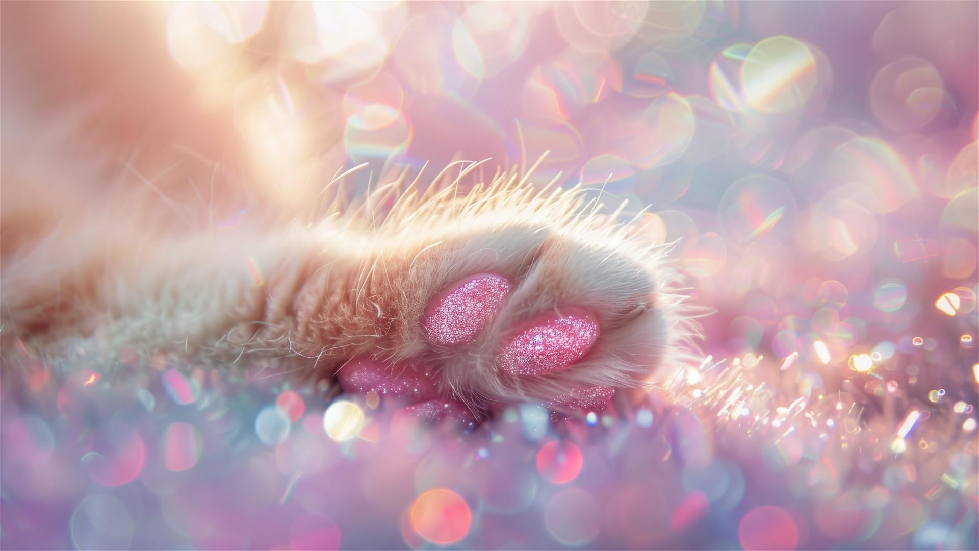 Soft and cute cat paw amidst fine glitter with bright light