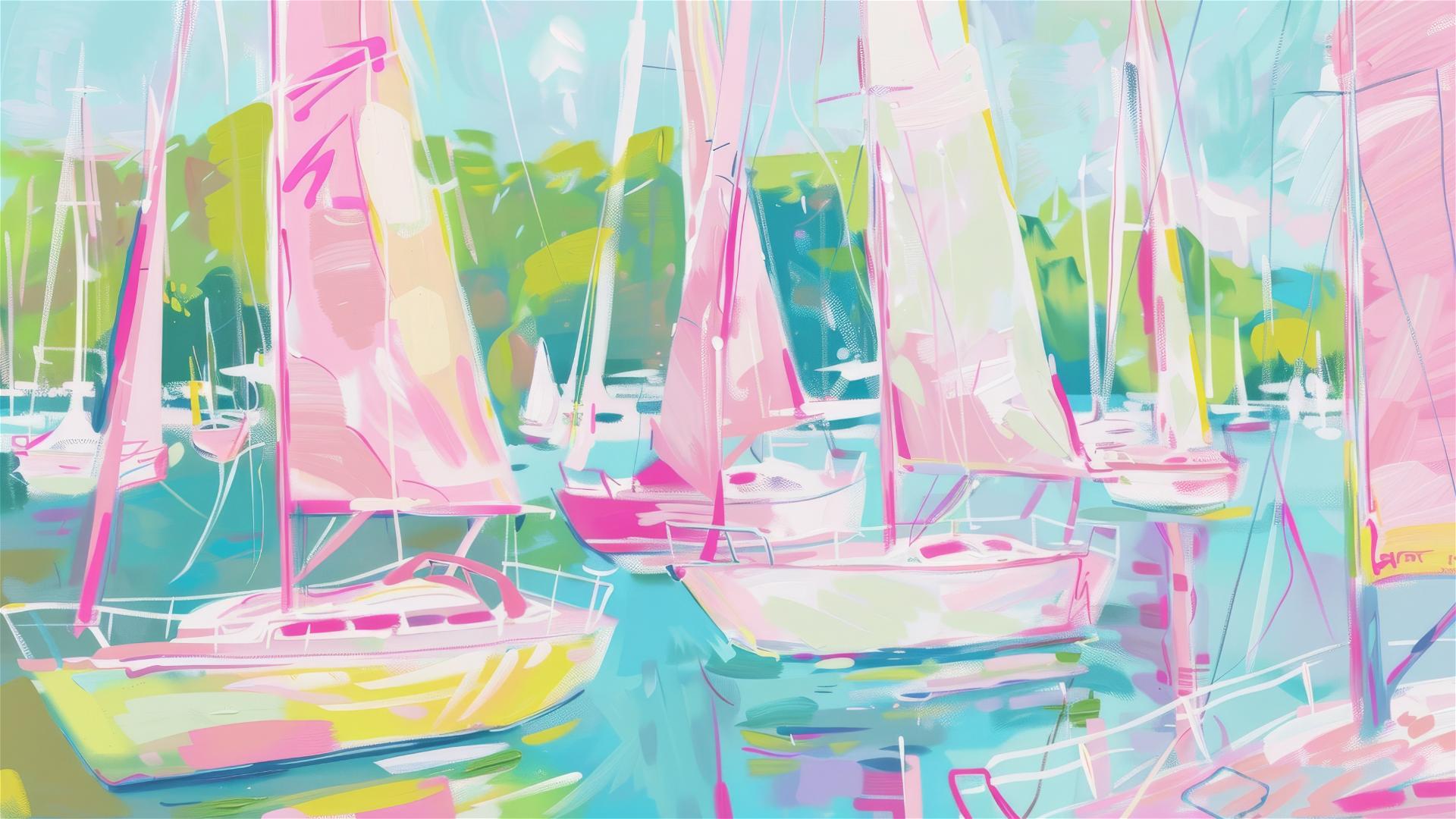 Pastel painting of sailboats at marina with trees and blue sky
