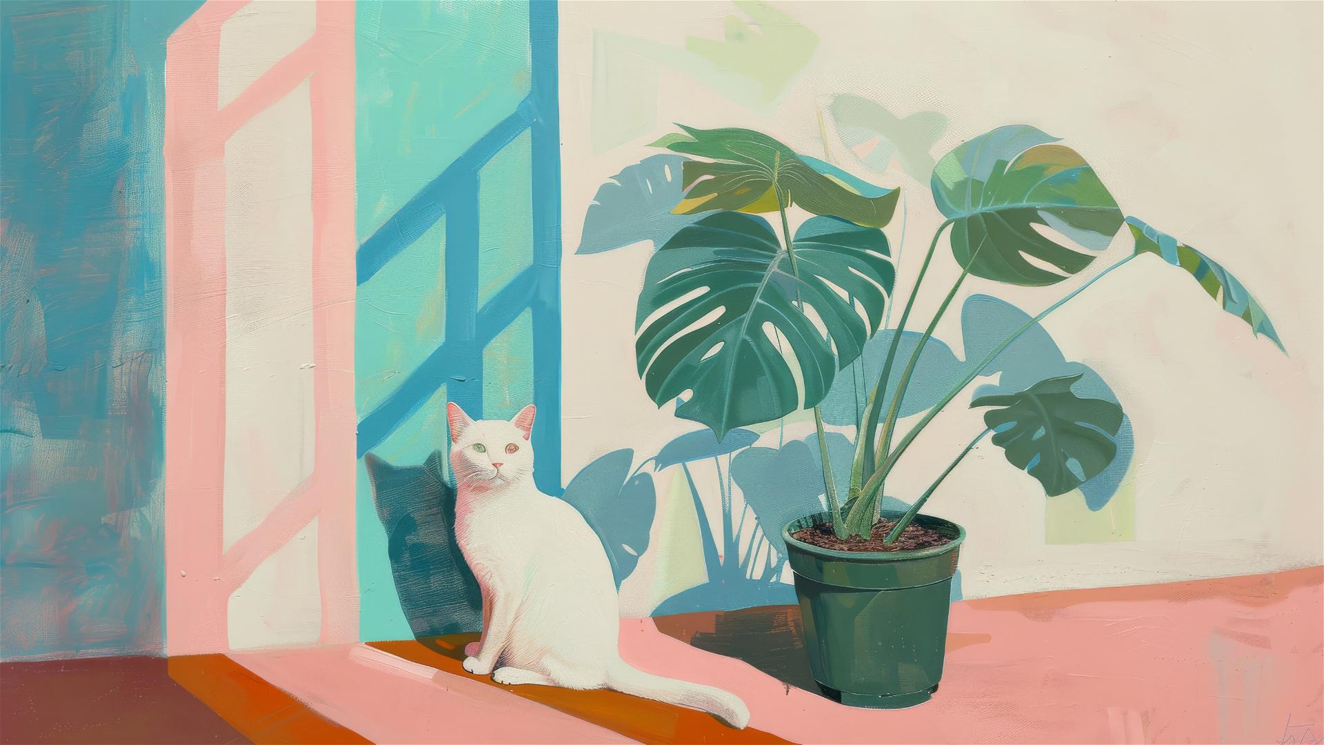 Oil painting of a monstera plant in green pot with blue and pink stripes, white cat sitting next to it, Henri Matisse style.