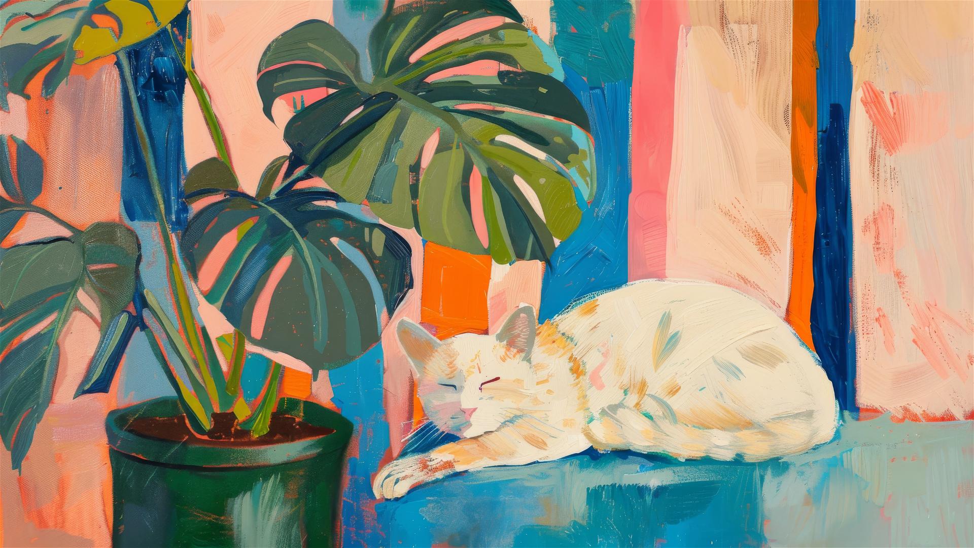 An oil painting of a monstera plant in a green pot, with a white cat; blue and pink stripes in the background. Henri Matisse style.