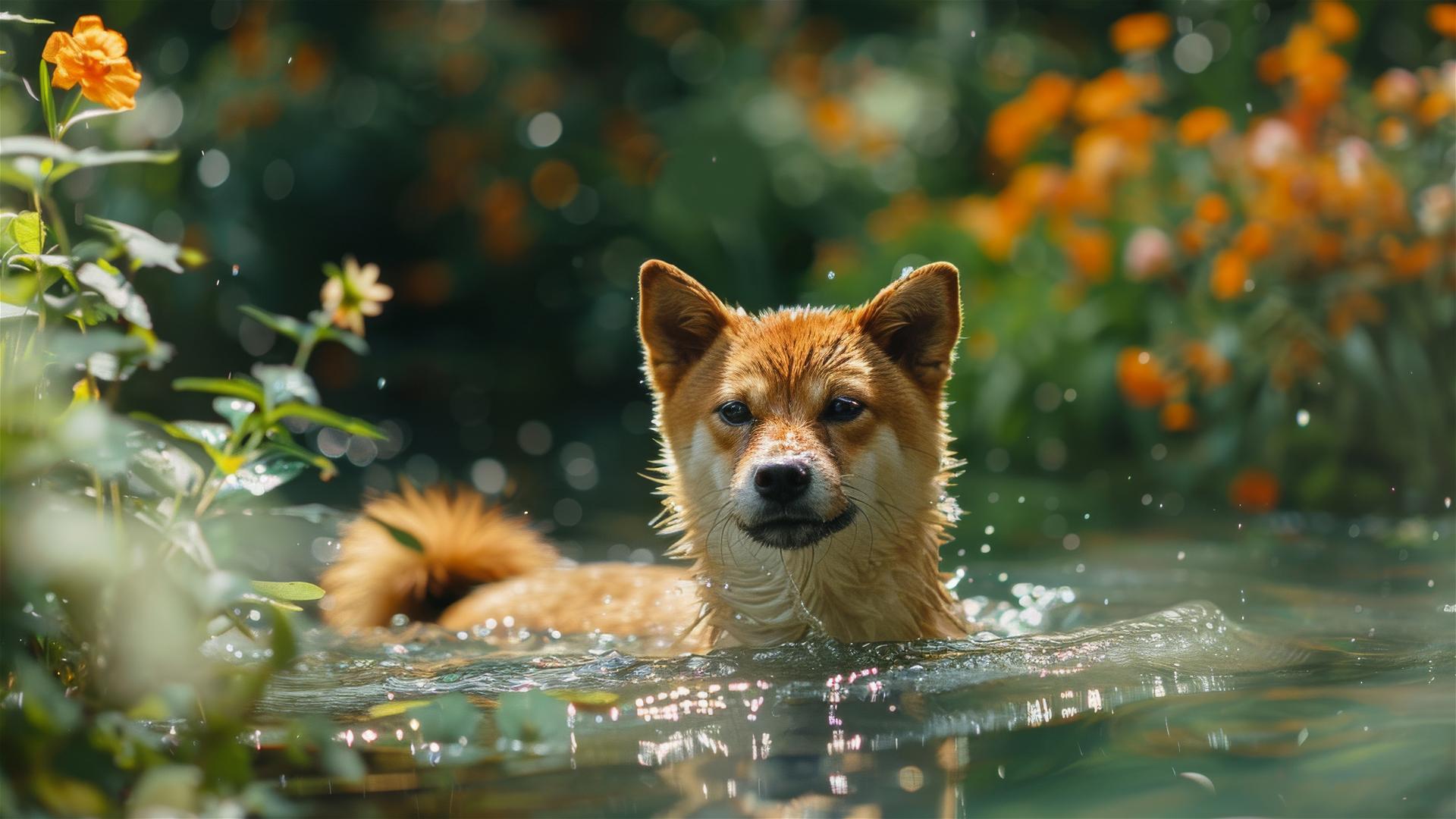 Shiba Inu joyfully paddles through a clear pond surrounded by lush greenery and vibrant flowers.