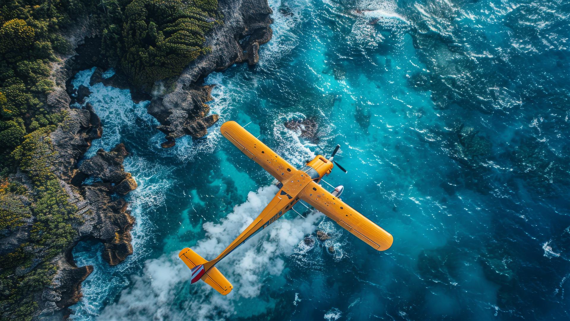 Yellow seaplane over Great Cameron Reef in deep blue ocean