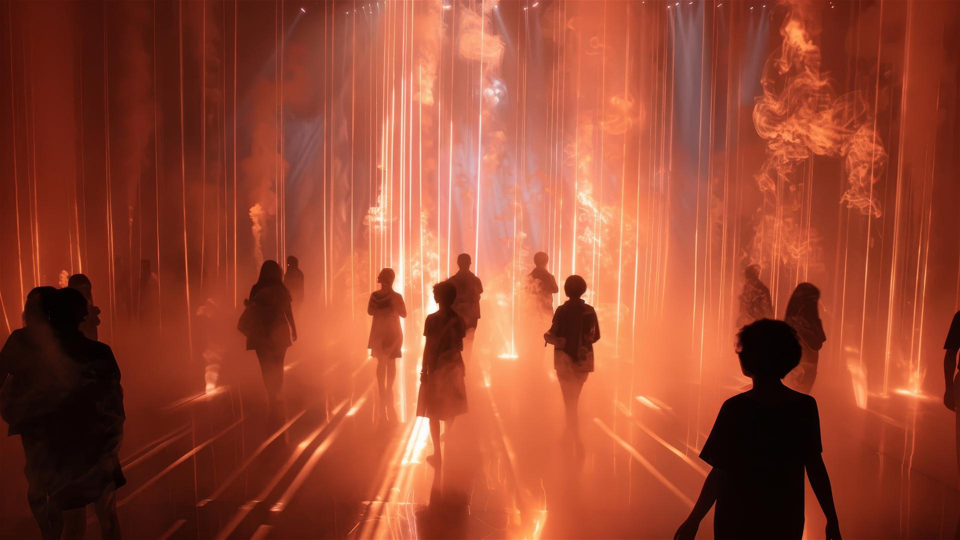 People walking through a curtain of laser smoke