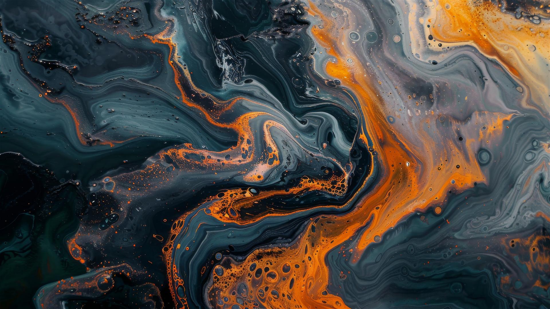 Japanese anime aerial view of orange and black oil in dark blue water, forming S-shaped pattern
