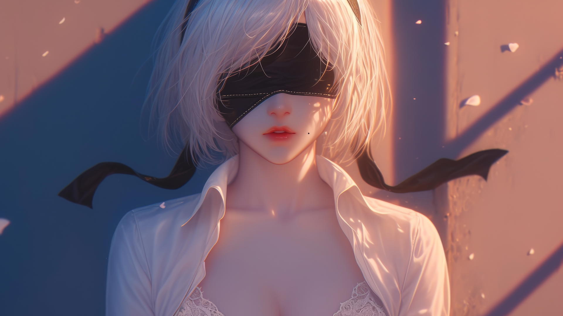 2B from Nier in a white office shirt and black blindfold, looking up