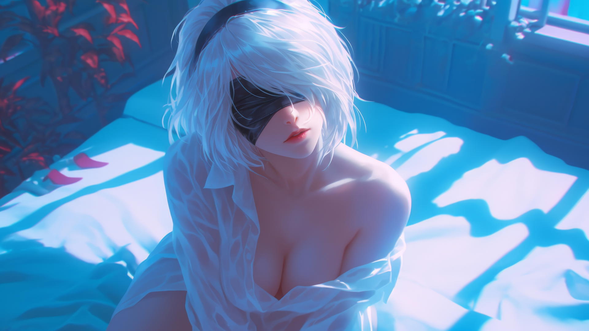 2B from Nier kneeling, wearing a white office shirt and black blindfold, in a neon-lit hotel room.