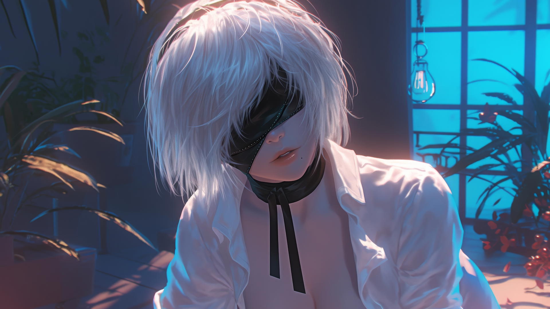 2B from Nier in white office shirt kneeling, looking up, with neon hotel light.