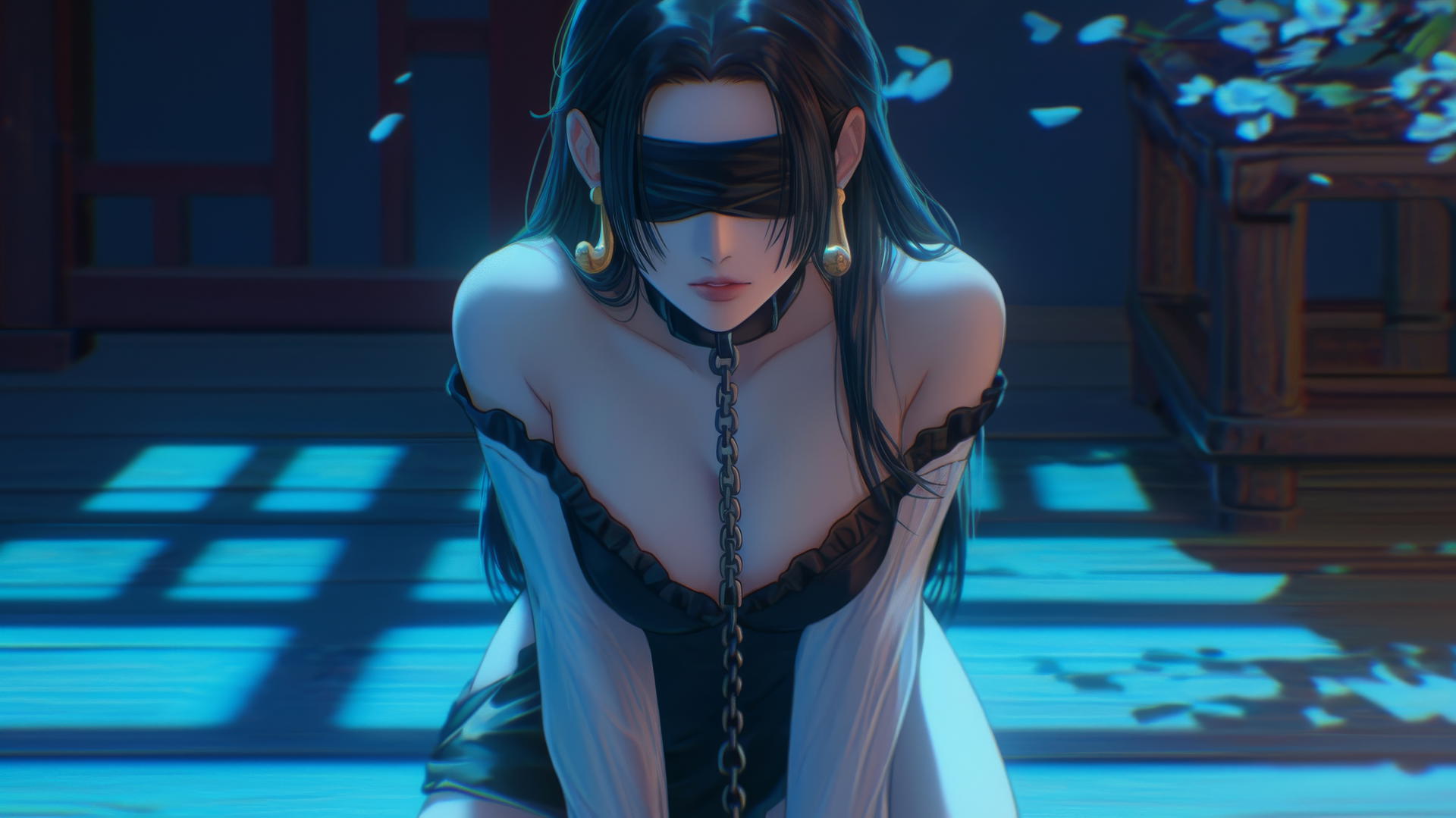 Boa Hancock kneeling in a neon-lit modern hotel room wearing a red blindfold and chains