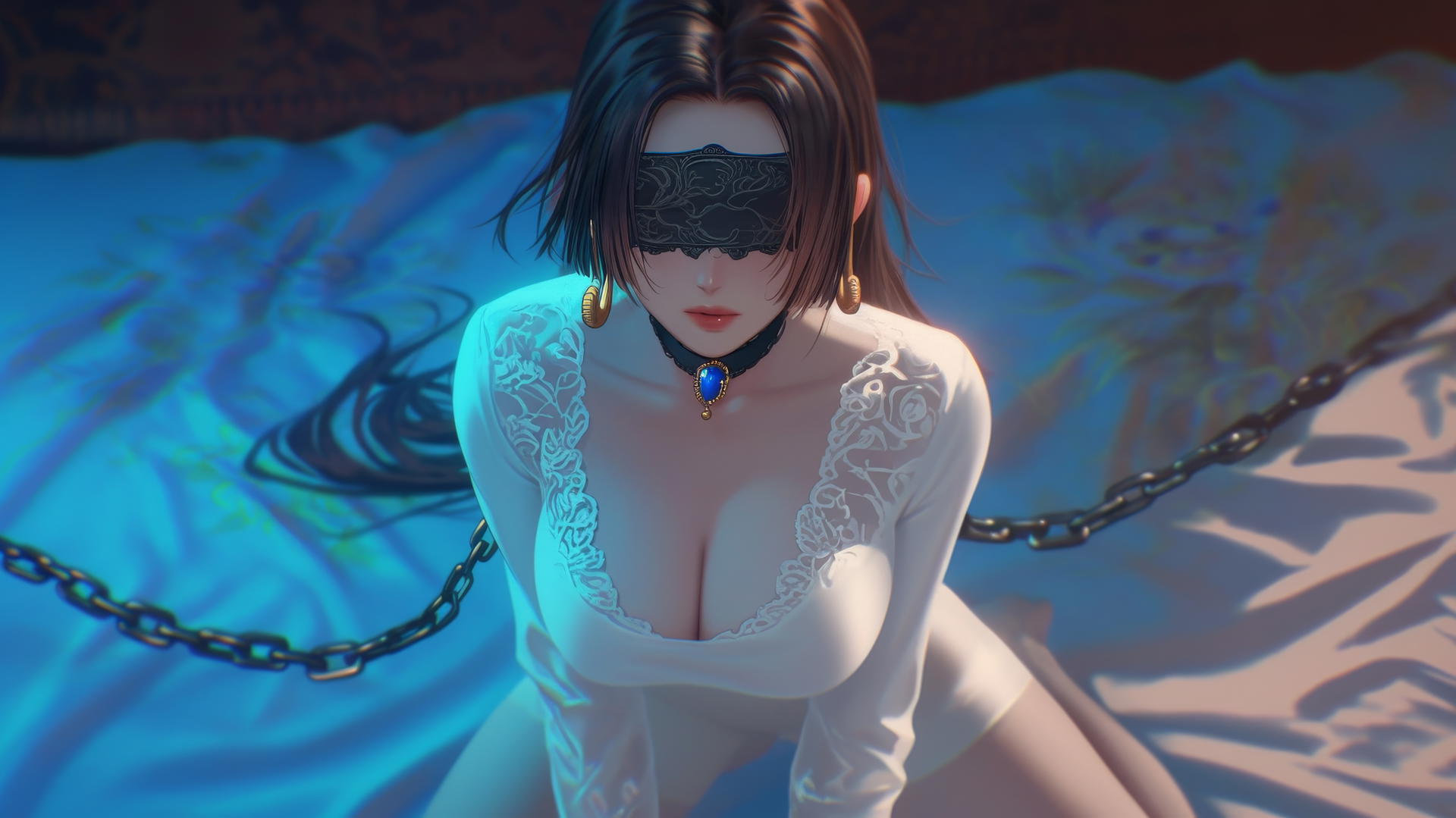 Boa Hancock from One Piece kneeling in a modern hotel room, blindfolded.