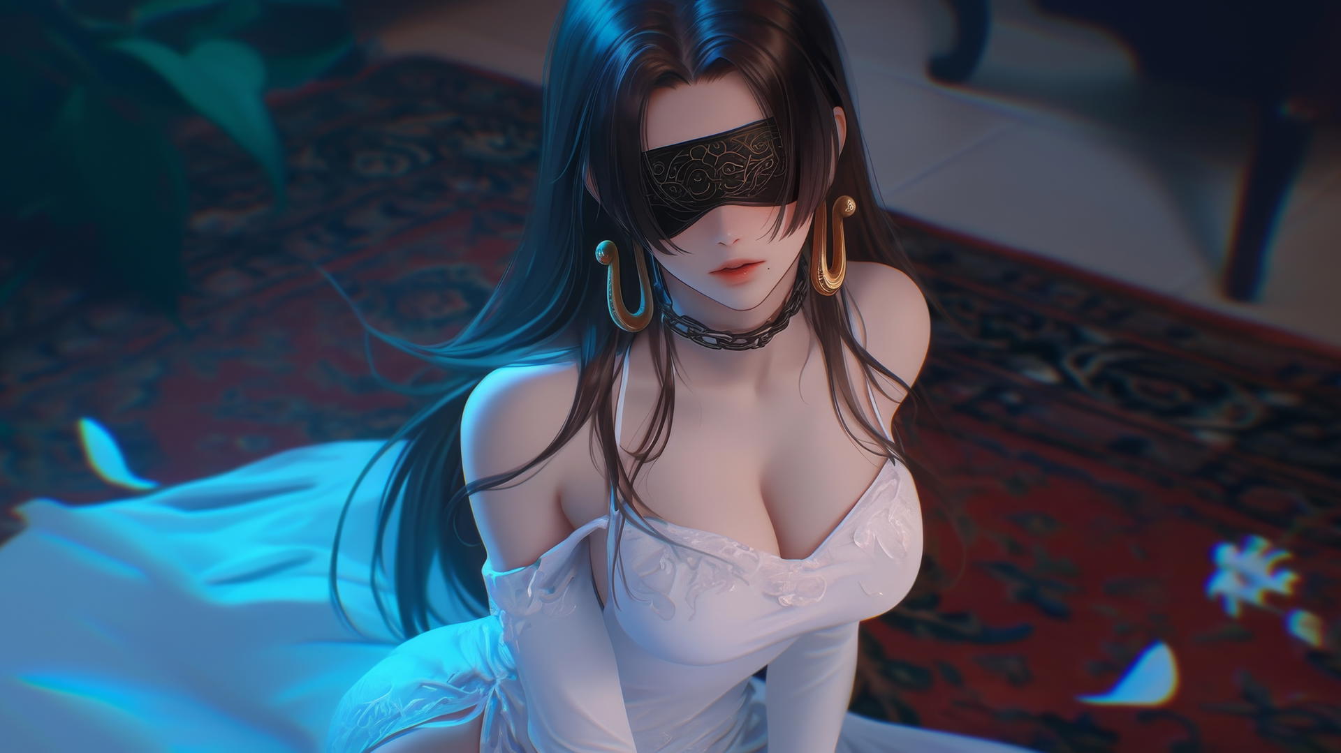 Boa Hancock from One Piece in a modern hotel, blindfolded, kneeling and facing upward with a soft neon glow.
