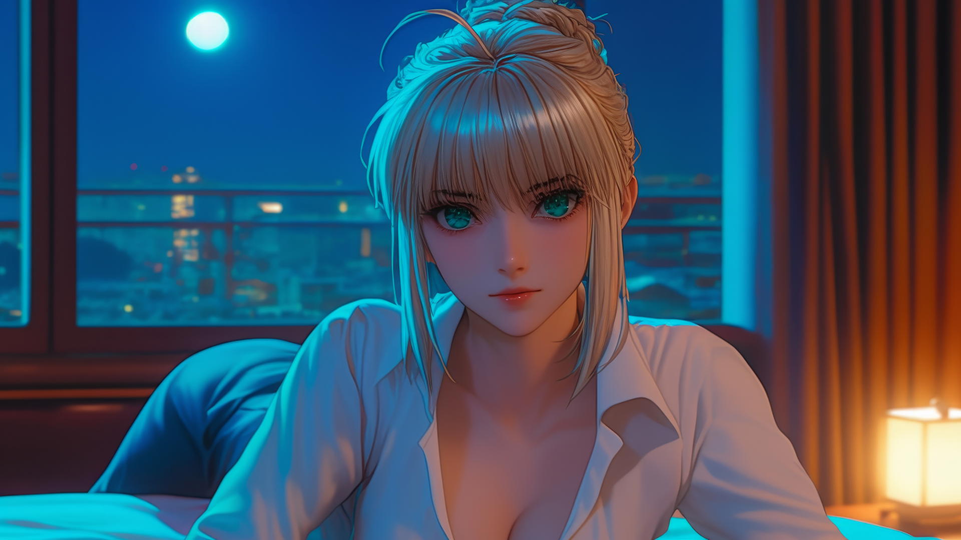 Saber from Fate Zero with green eyes resting in a modern hotel room under moonlight.