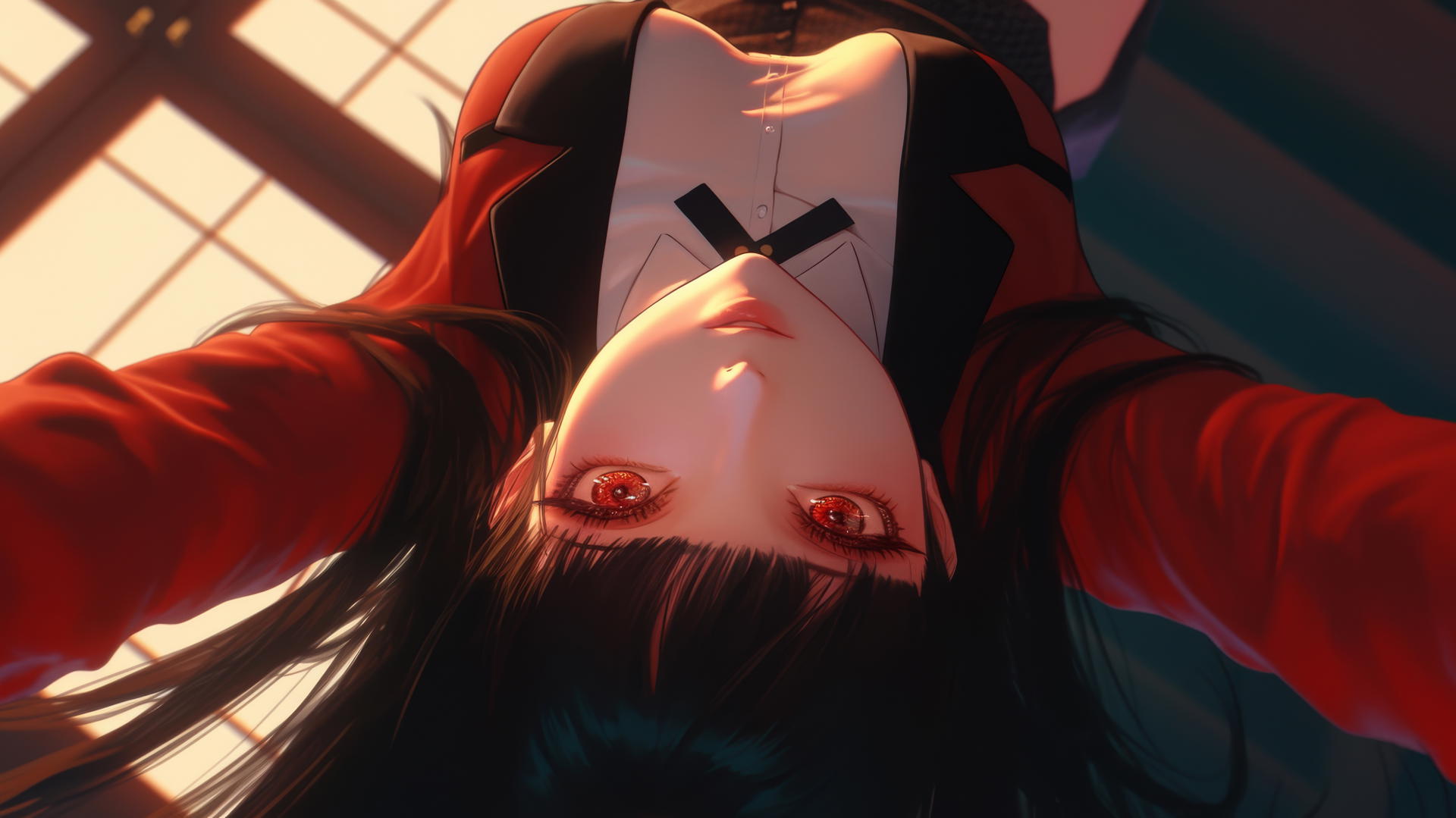 Yumeko Jabami from Kakegurui kneeling, leaning forward with hime-cut hair and red eyes, ceiling background.