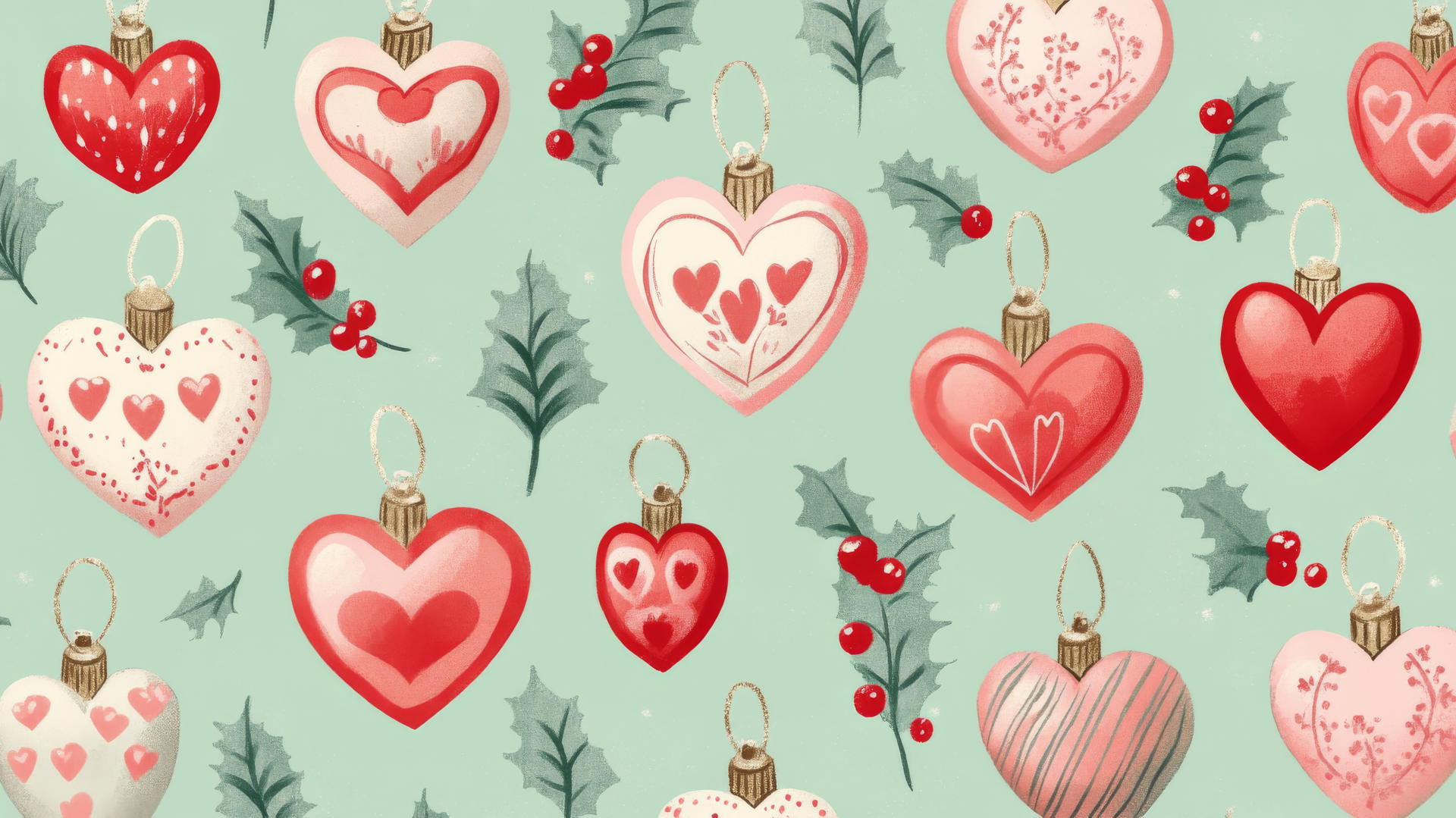 aesthetic preppy Christmas wallpaper with heart-shaped ornaments and mistletoe on pastel green background