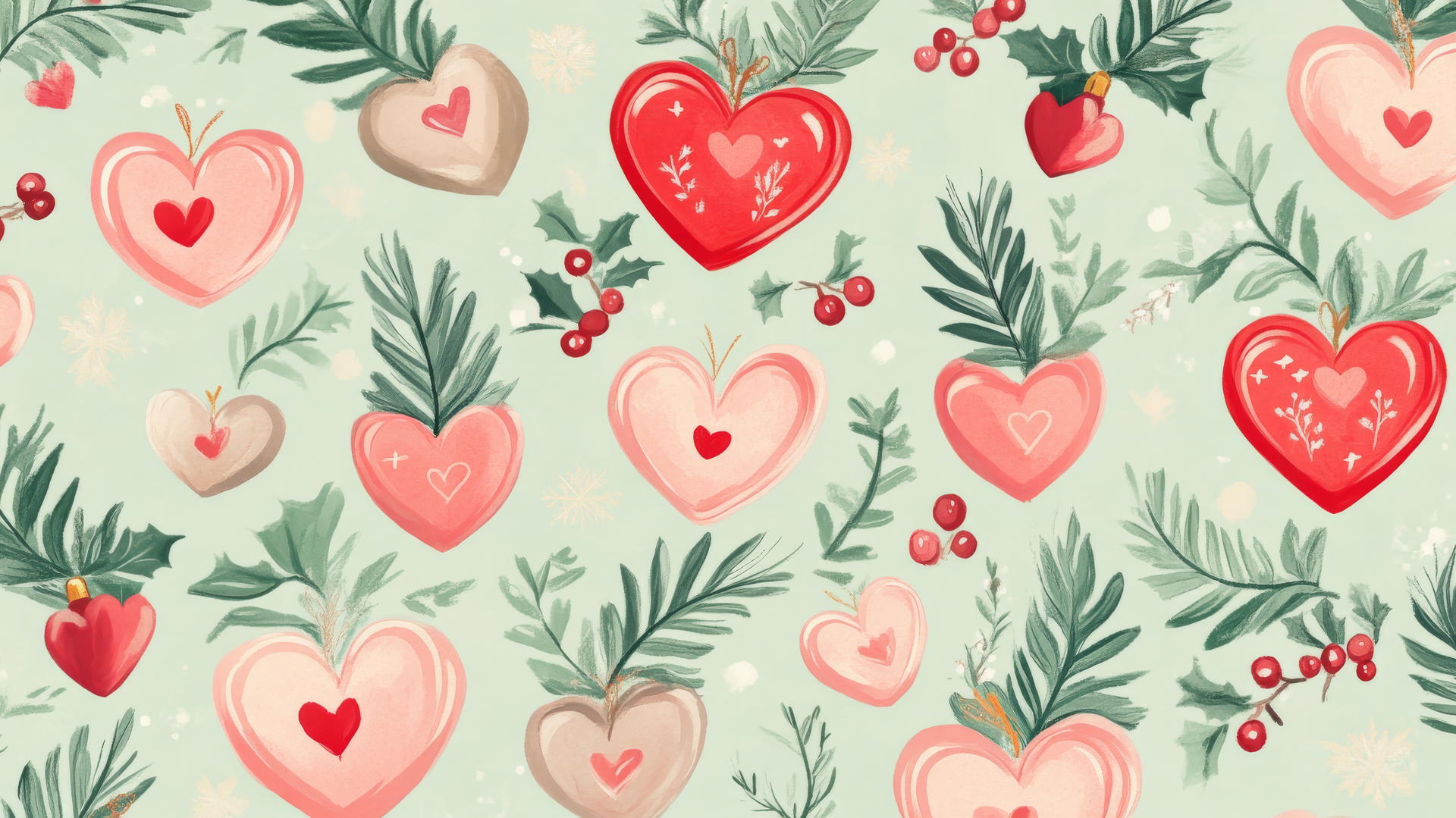 aesthetic preppy Christmas wallpaper with heart-shaped ornaments and mistletoe on pastel green background