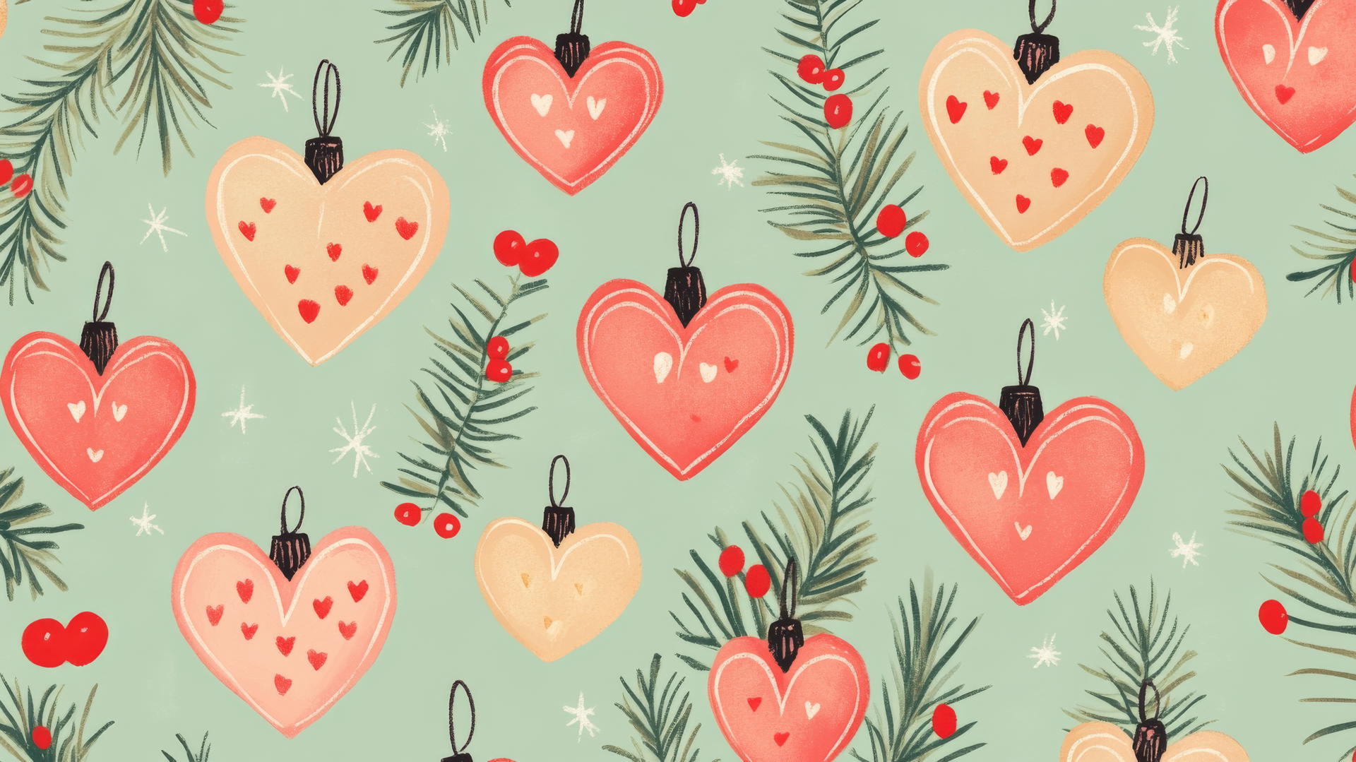 aesthetic preppy Christmas wallpaper with heart-shaped ornaments and mistletoe on a pastel green background