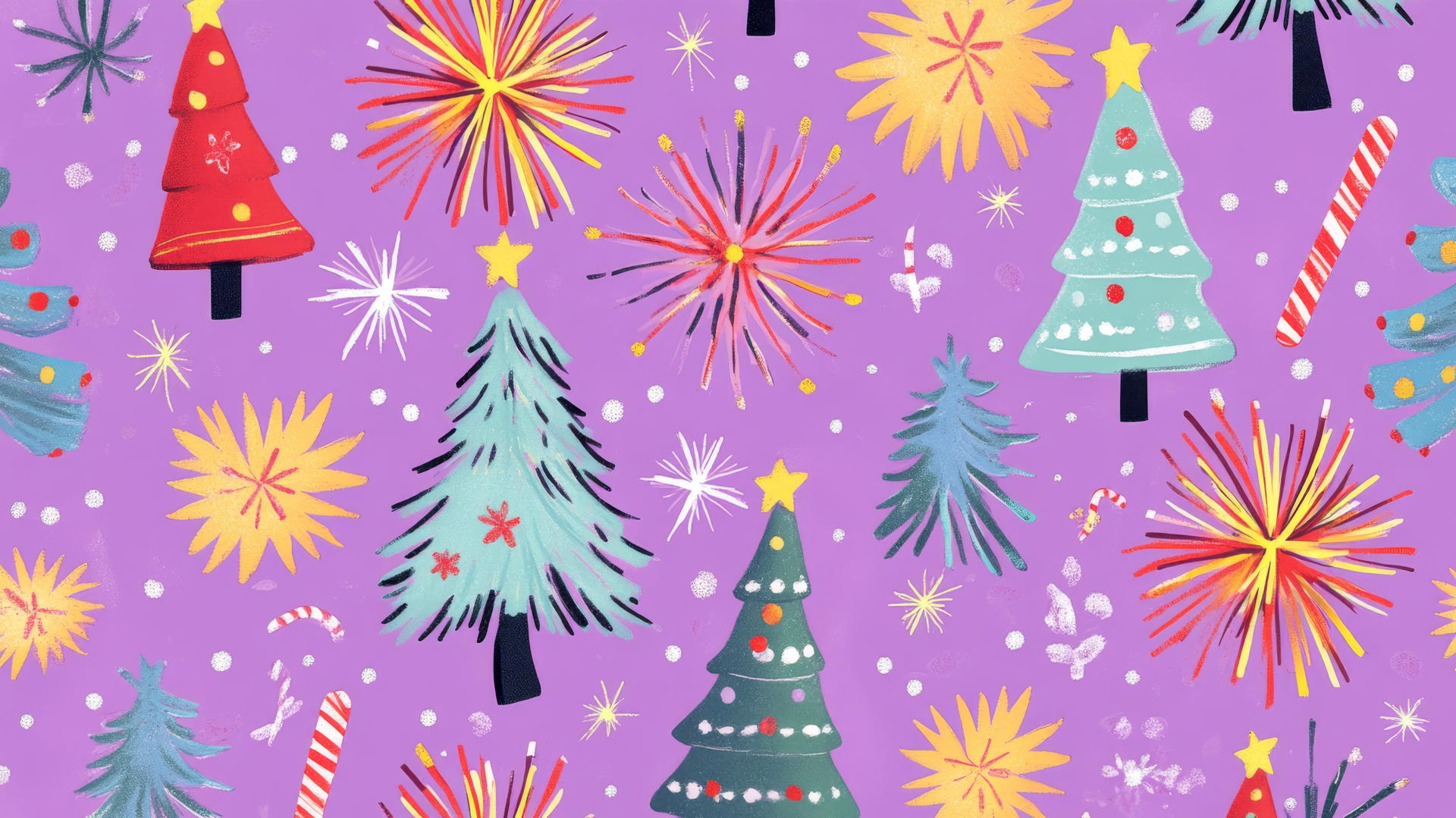aesthetic preppy Christmas wallpaper with fireworks and Christmas trees on pastel purple background