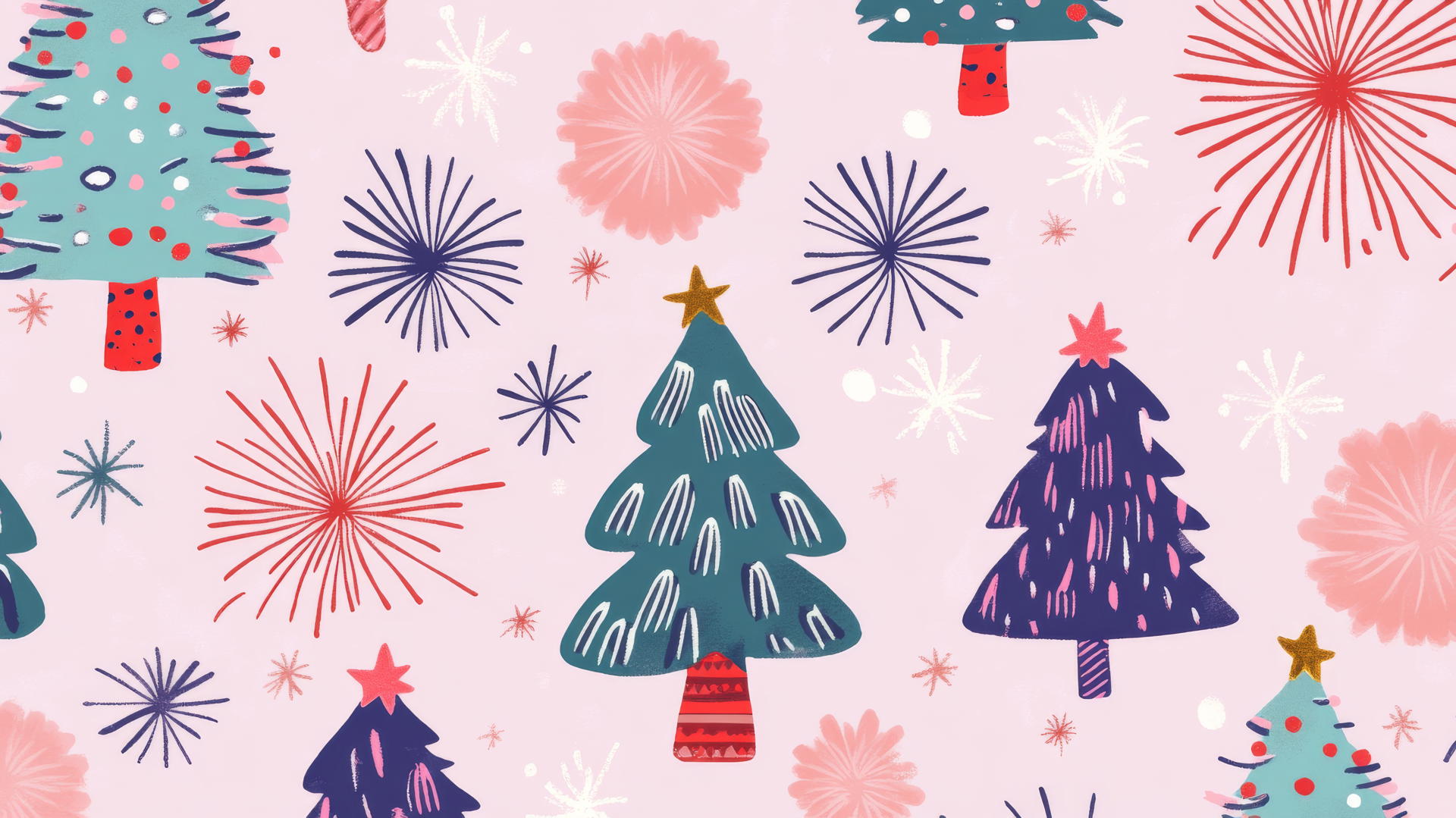 aesthetic preppy Christmas wallpaper with fireworks and Christmas trees on pastel purple background