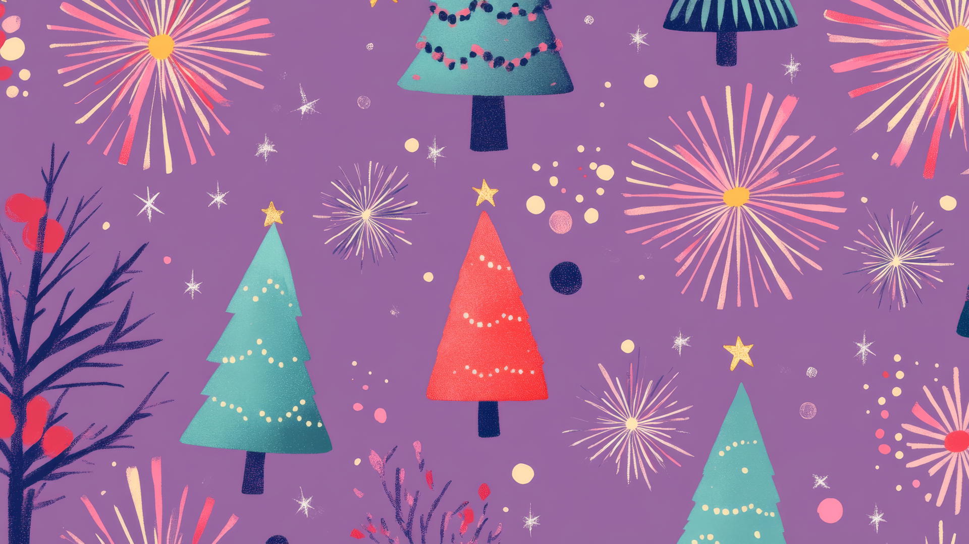 aesthetic preppy Christmas wallpaper with fireworks and Christmas trees on pastel purple