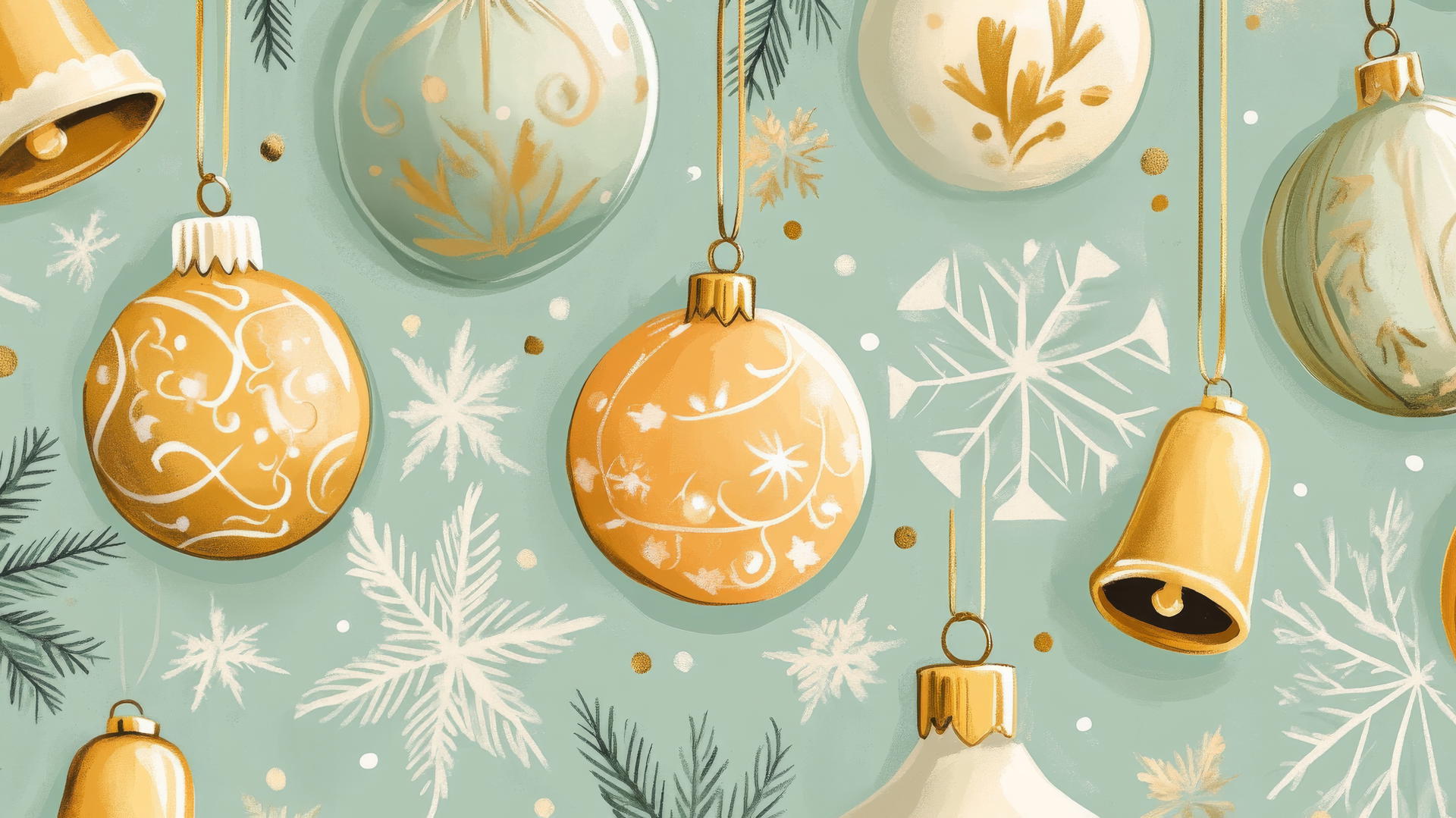aesthetic preppy Christmas wallpaper with vintage ornaments on pastel green background