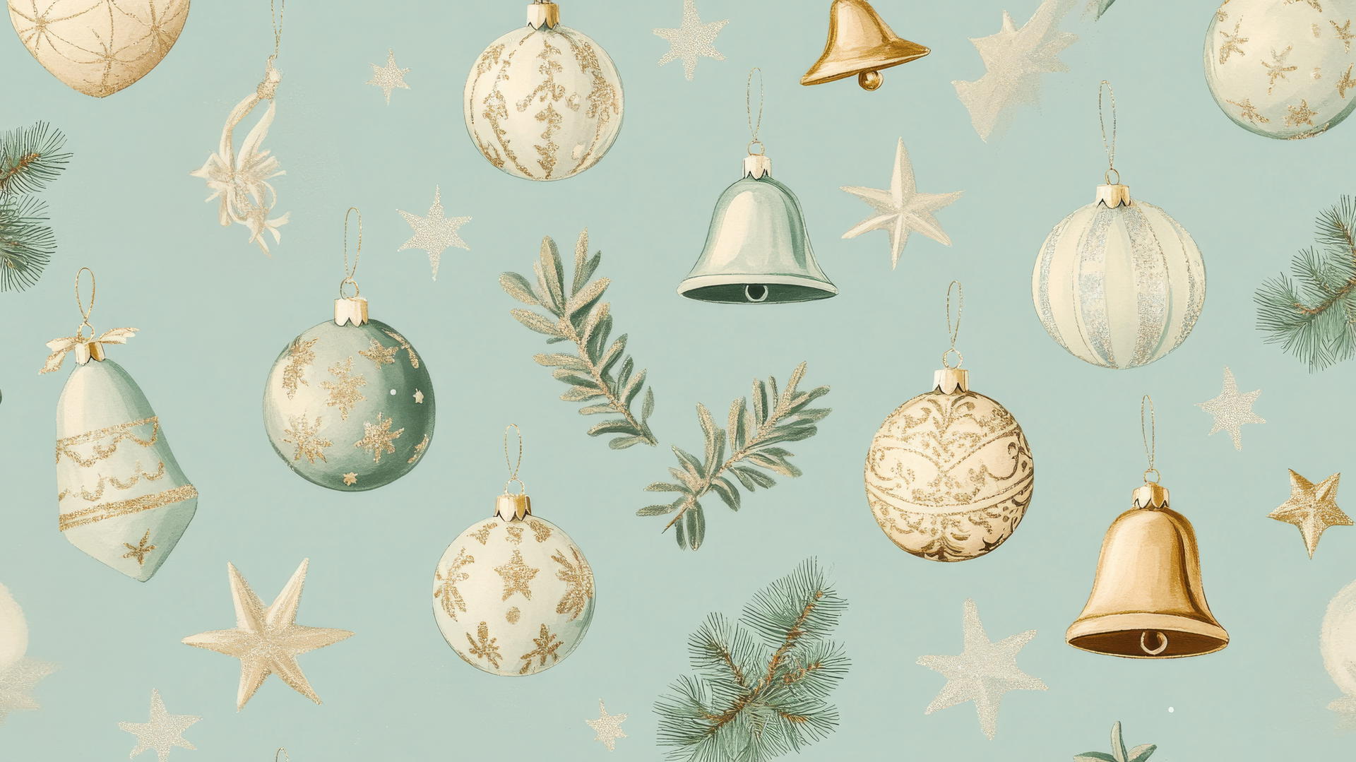 aesthetic preppy Christmas wallpaper with vintage ornaments and bells