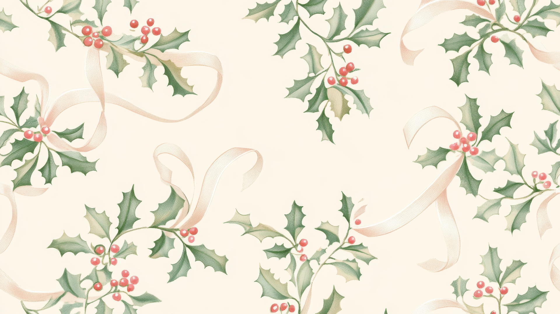 cute preppy Christmas wallpaper with mistletoe and ribbons in pastel colors on cream background