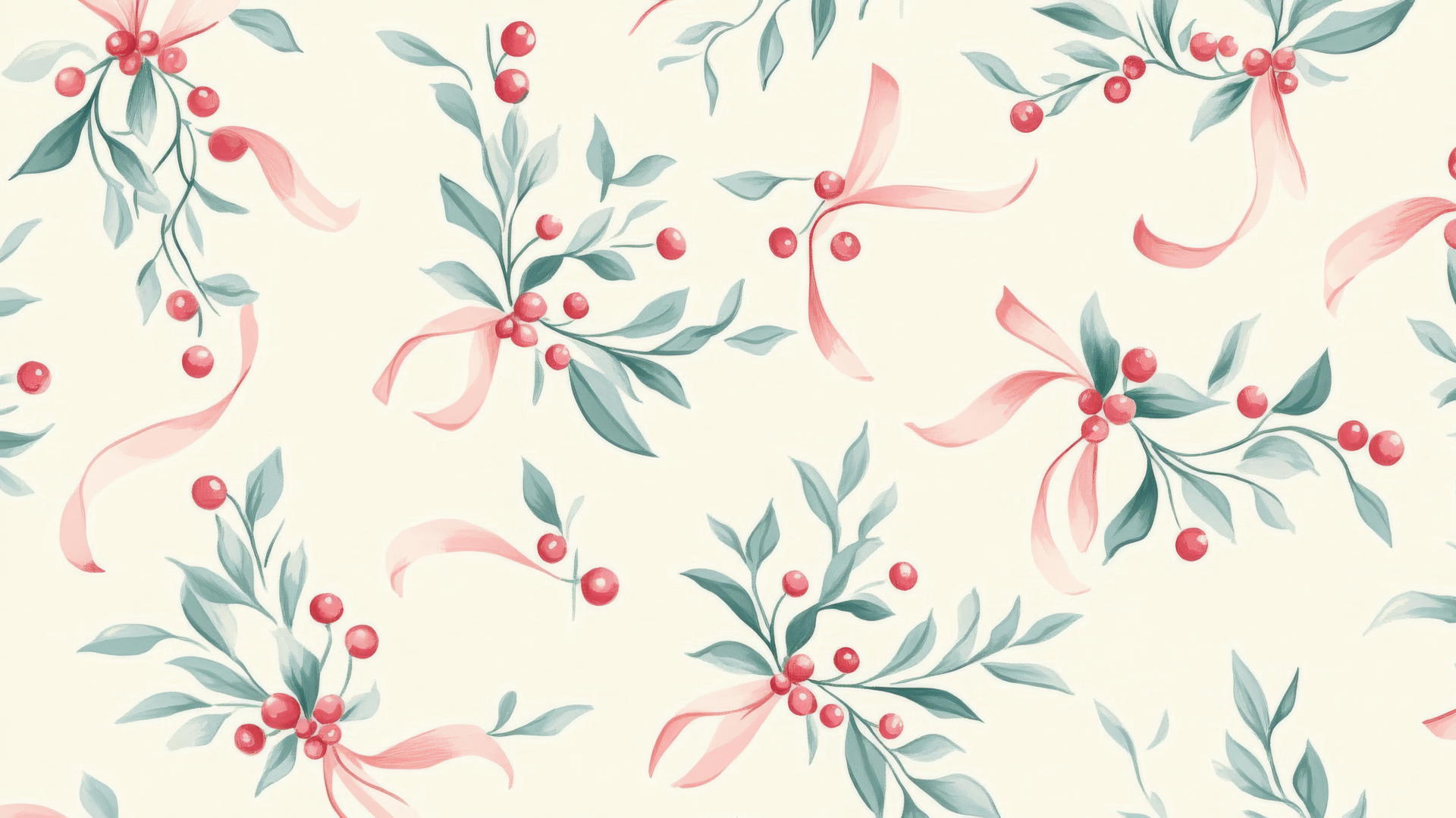 Cute preppy Christmas wallpaper with mistletoe and pastel ribbons on cream background.