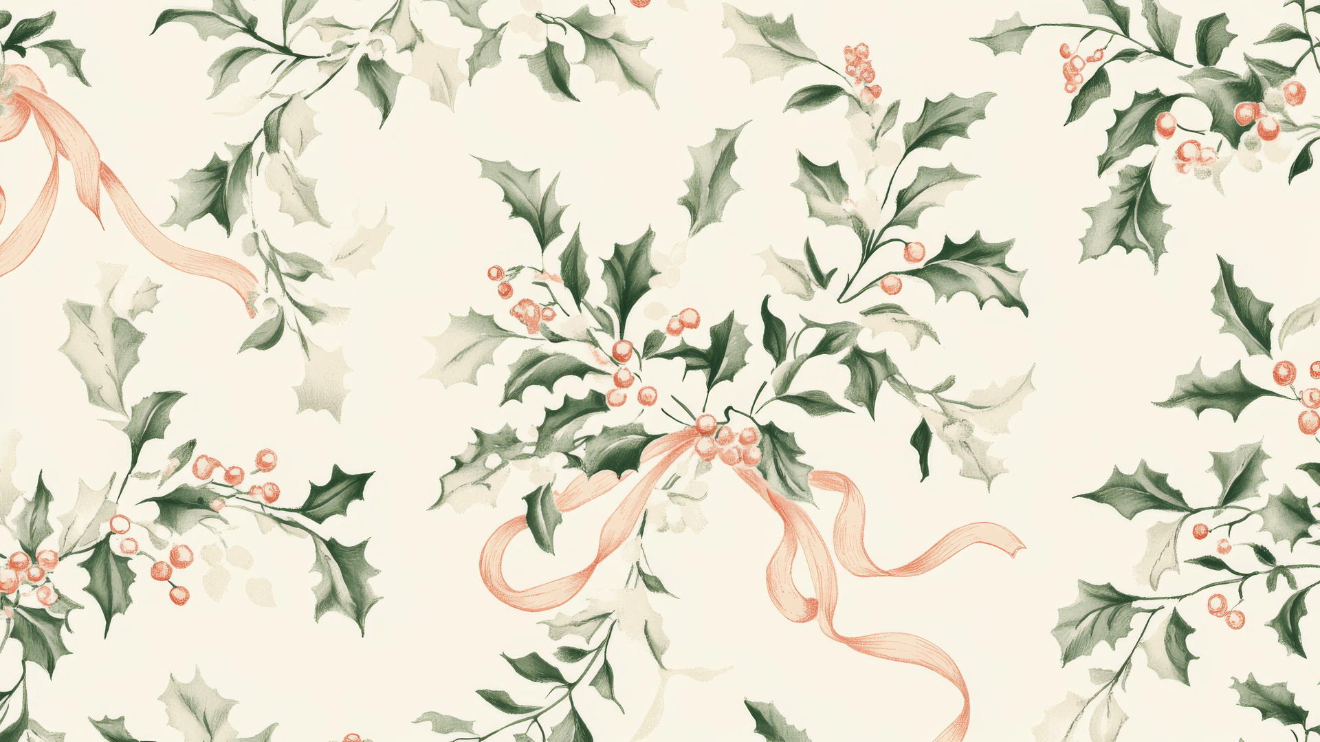 cute preppy Christmas wallpaper with mistletoe, ribbons, pastel colors on cream background