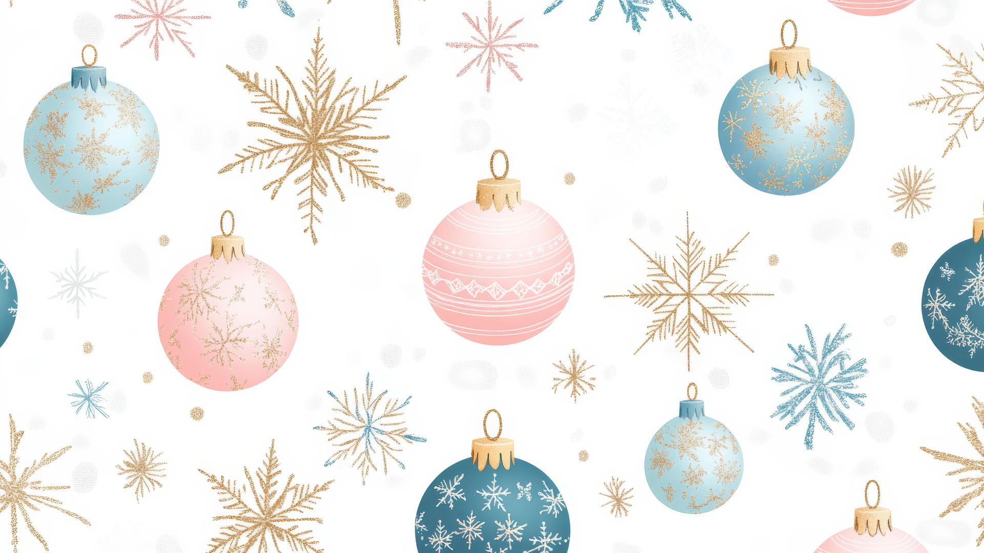 cute preppy Christmas wallpaper with ornaments and snowflakes in pastel pink, blue, and gold