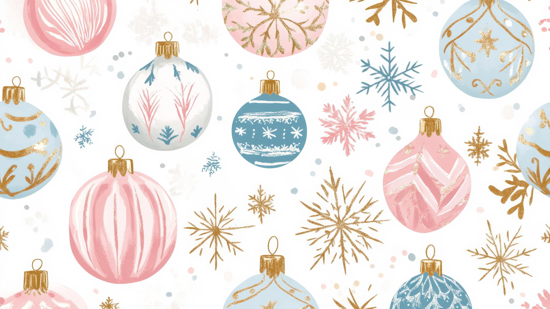 Cute preppy Christmas wallpaper with seamless pastel ornaments and snowflakes